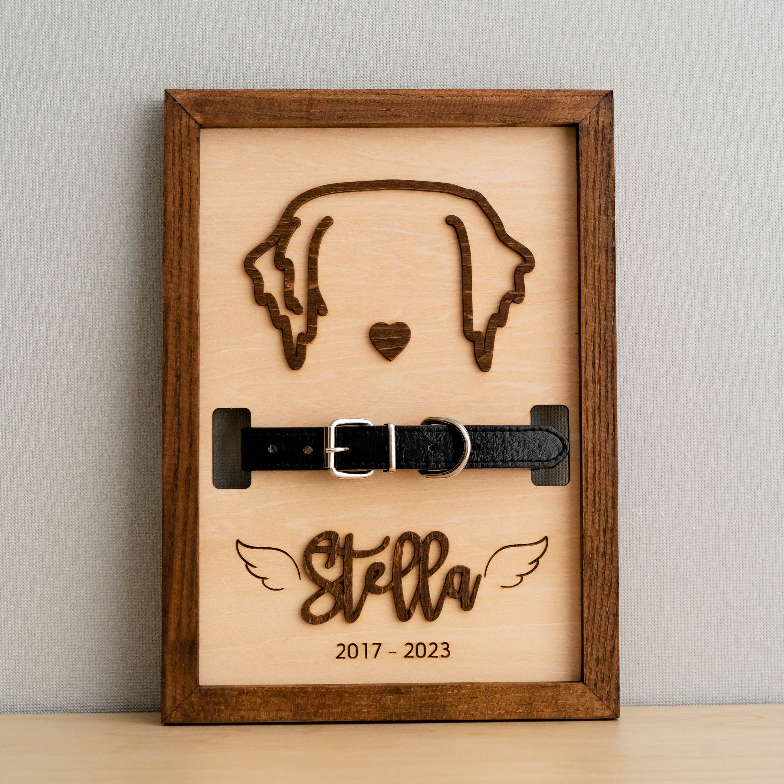 Dog Ear Drawing Framed Wood Pet Memorial Frame with Collar E71