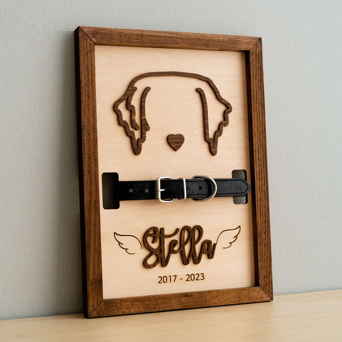 Dog Ear Drawing Framed Wood Pet Memorial Frame with Collar E71