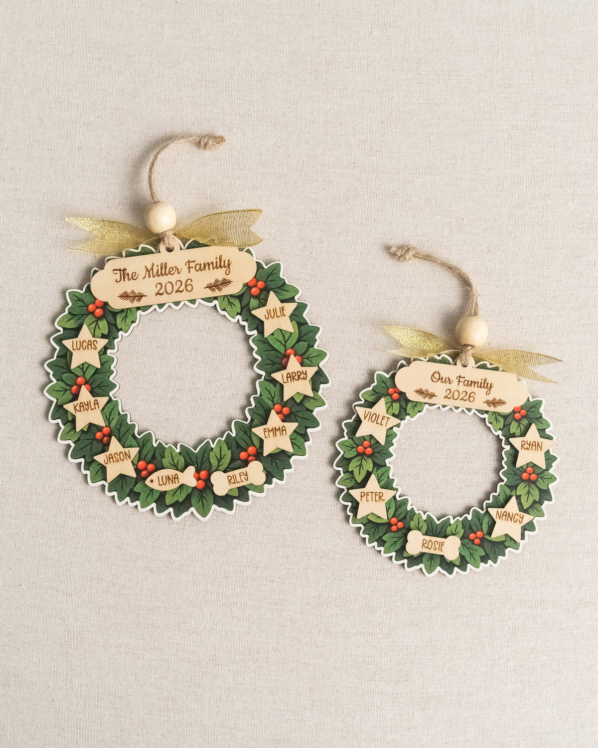 Family Wreath Ornament Wood, Christmas Tree Ornament Decor B72