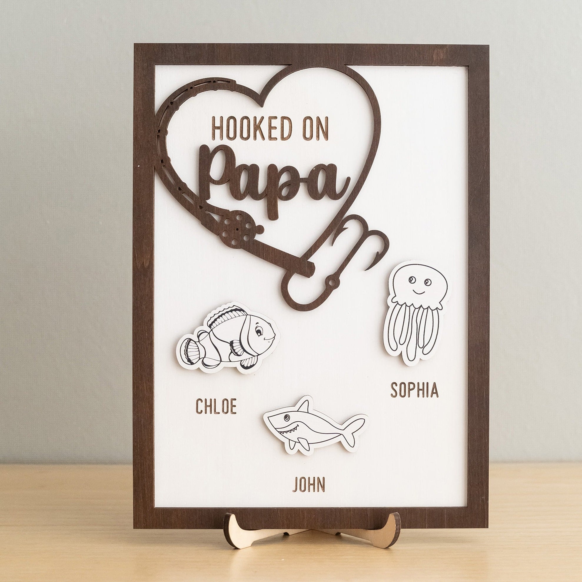 Personalized Hooked on Papa Wooden Table Decor Wood Fathers Day Gift Y85