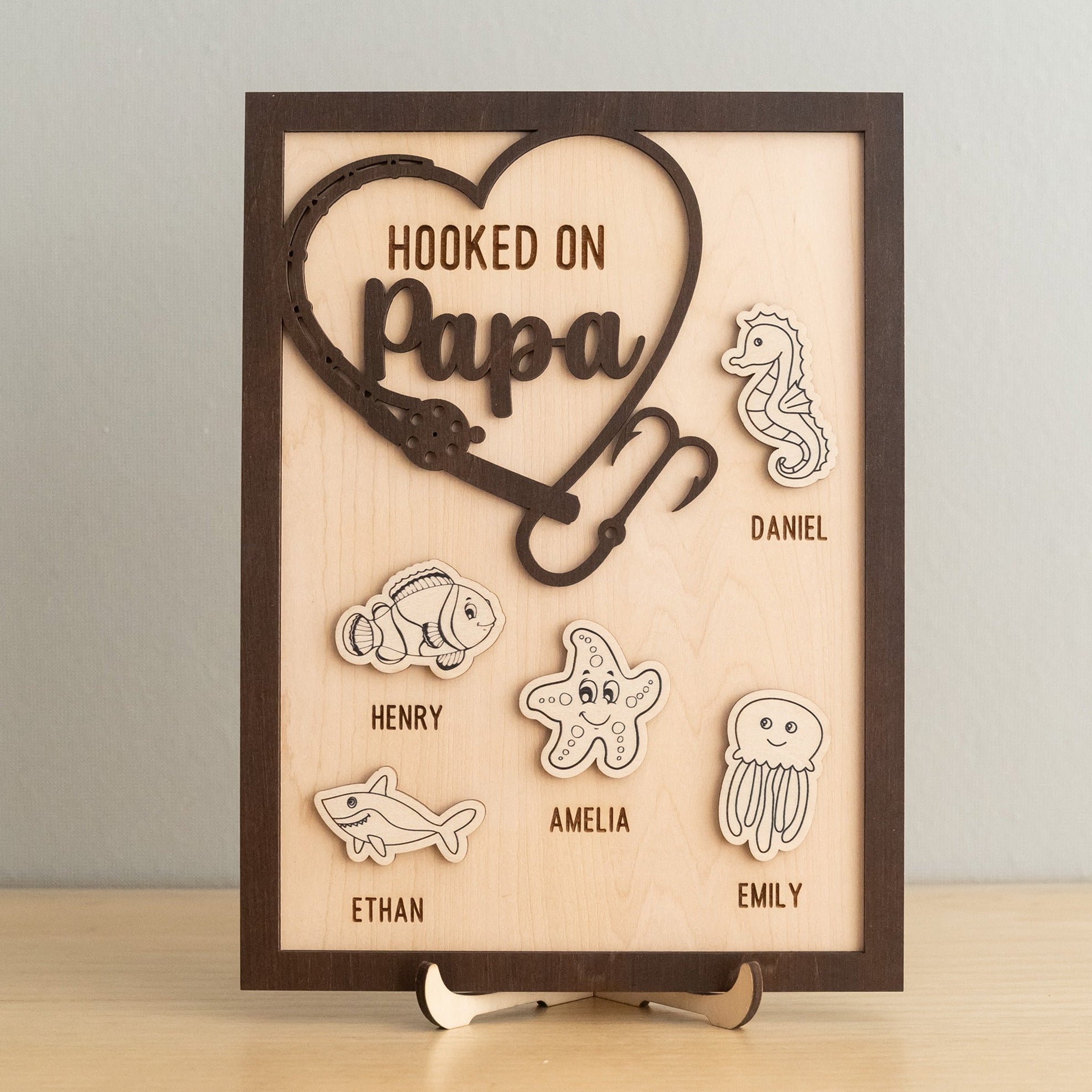Personalized Hooked on Papa Wooden Table Decor Wood Gift for Papa Y85