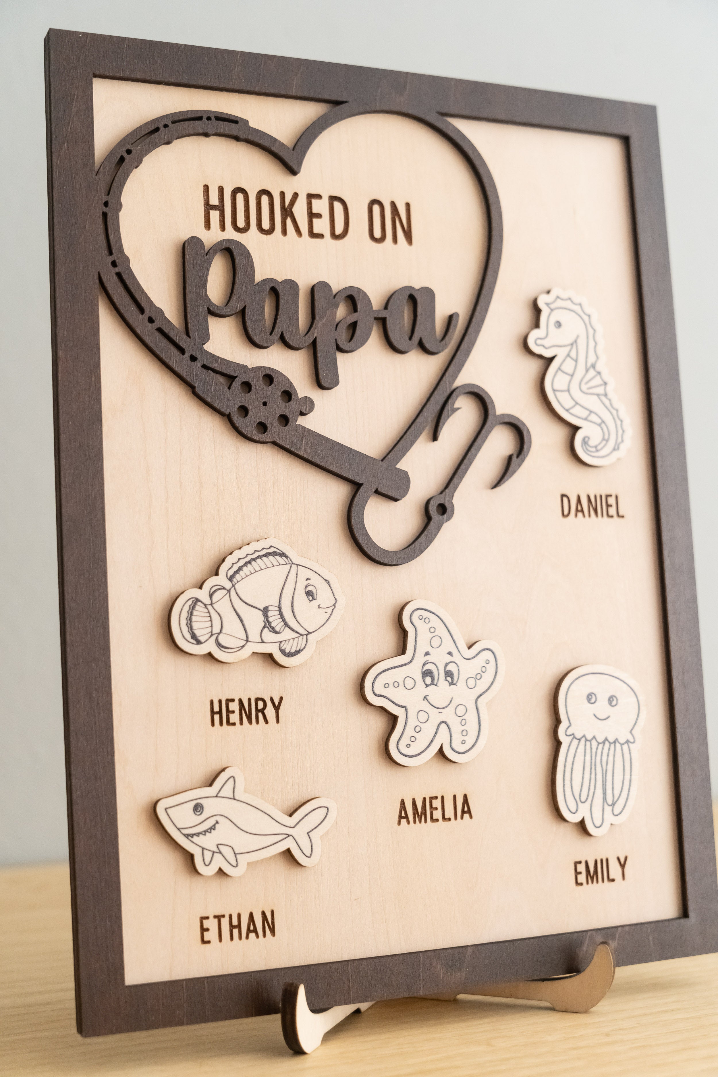 Personalized Hooked on Papa Wooden Table Decor Wood Gift for Papa Y85