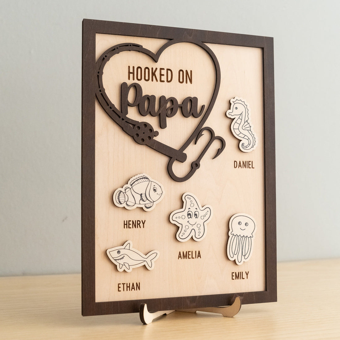 Personalized Hooked on Papa Wooden Table Decor Wood Gift for Papa Y85