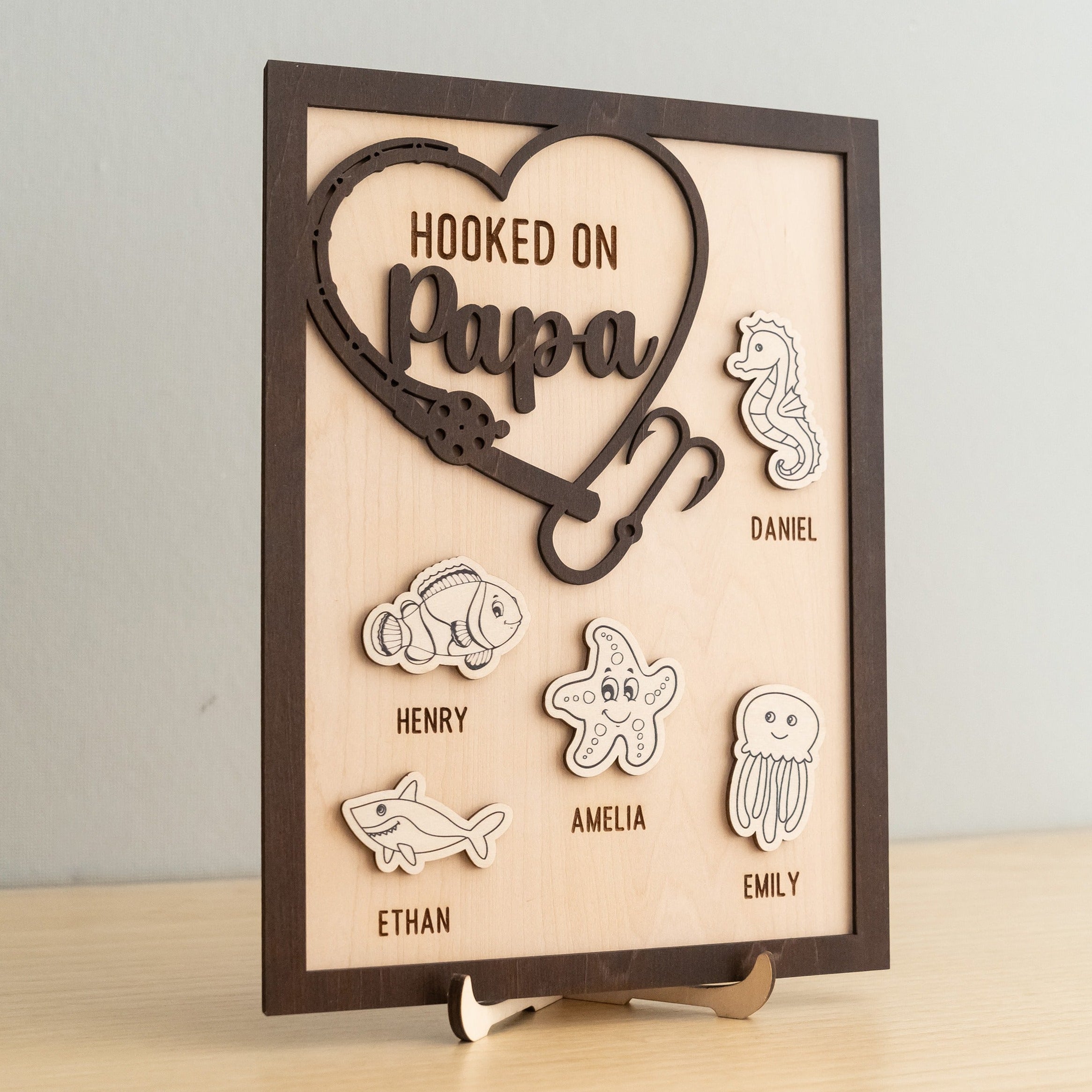 Personalized Hooked on Papa Wooden Table Decor Wood Gift for Papa Y85