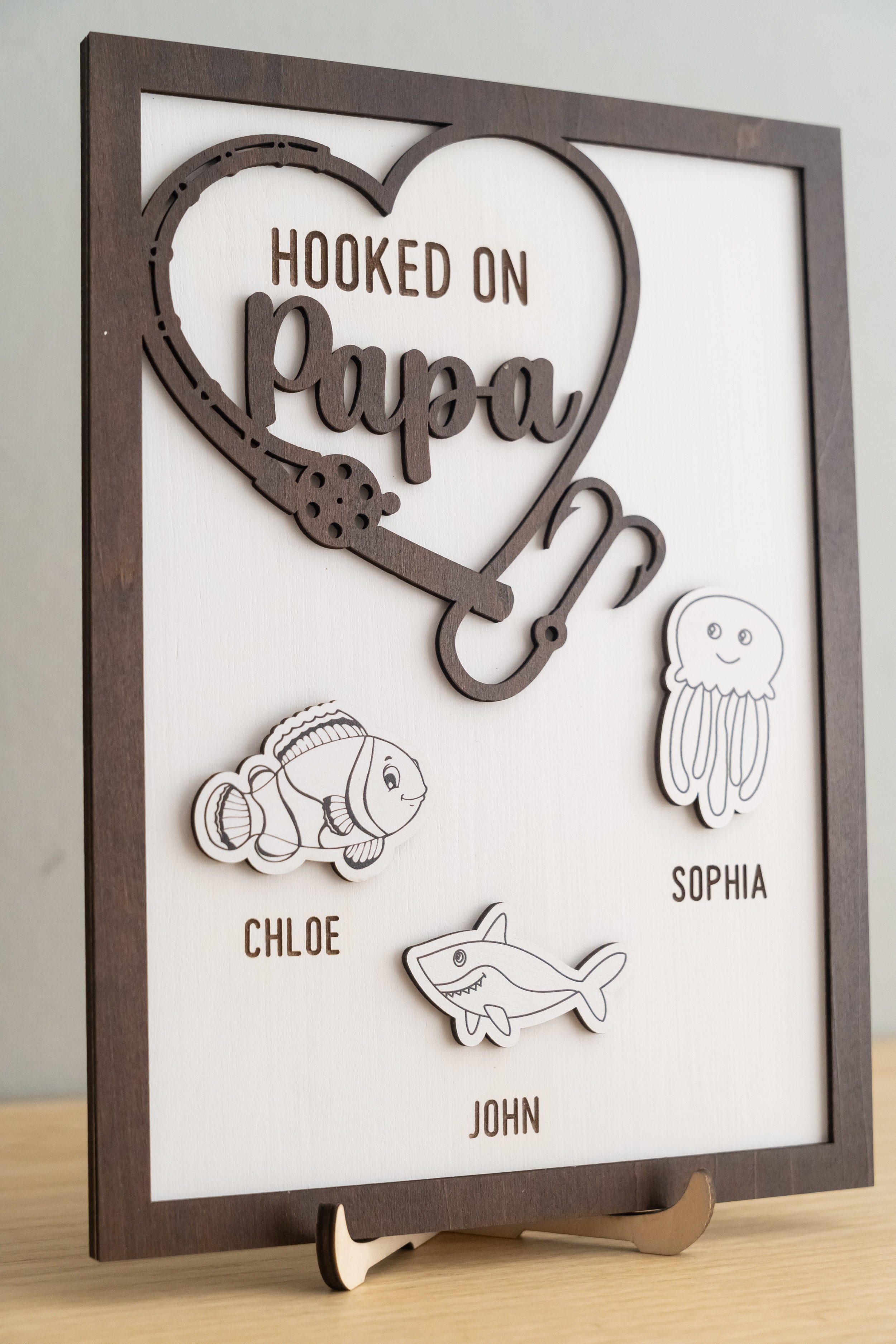 Personalized Hooked on Papa Wooden Table Decor Wood Grandpa Gift Y85