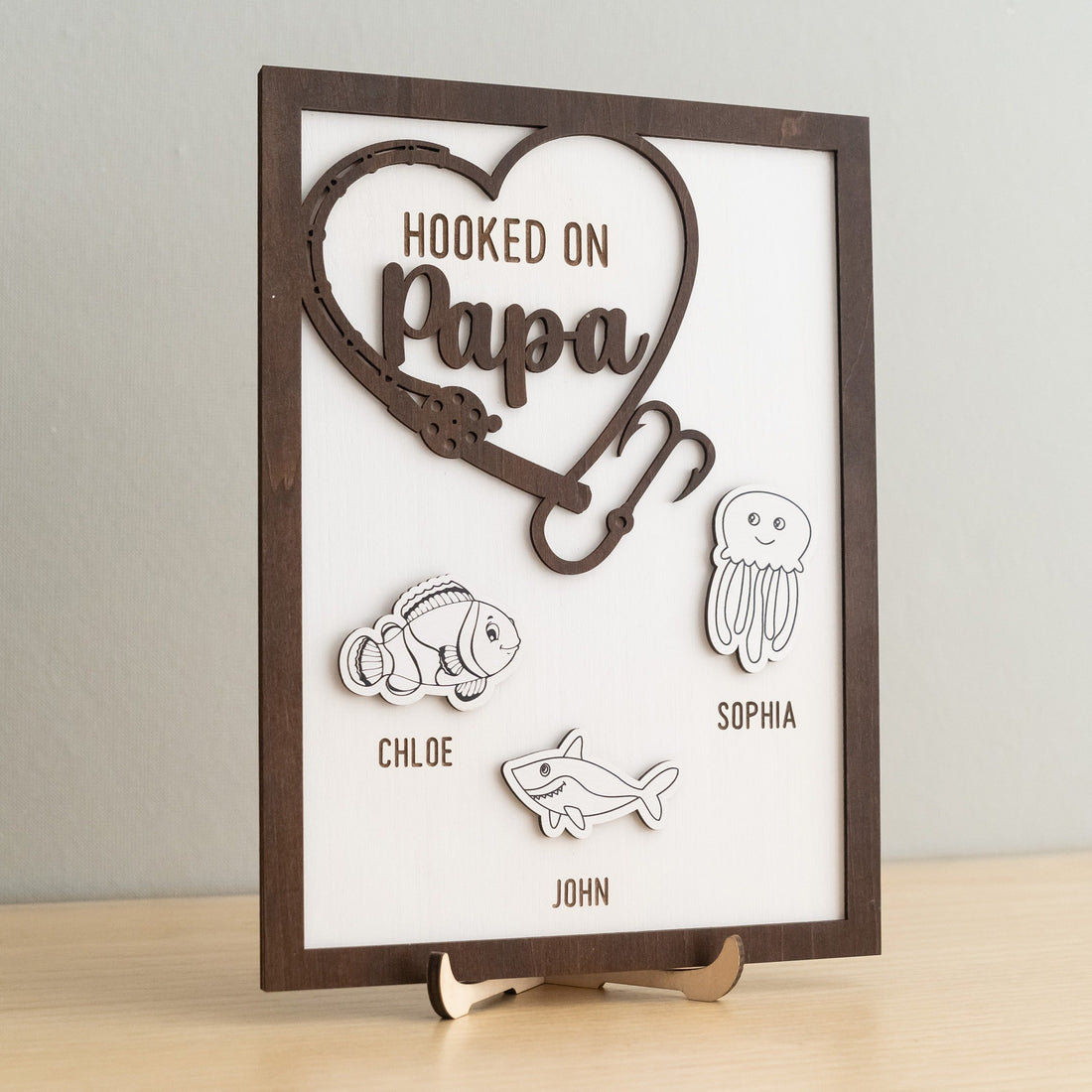 Personalized Hooked on Papa Wooden Table Decor Wood Grandpa Gift Y85
