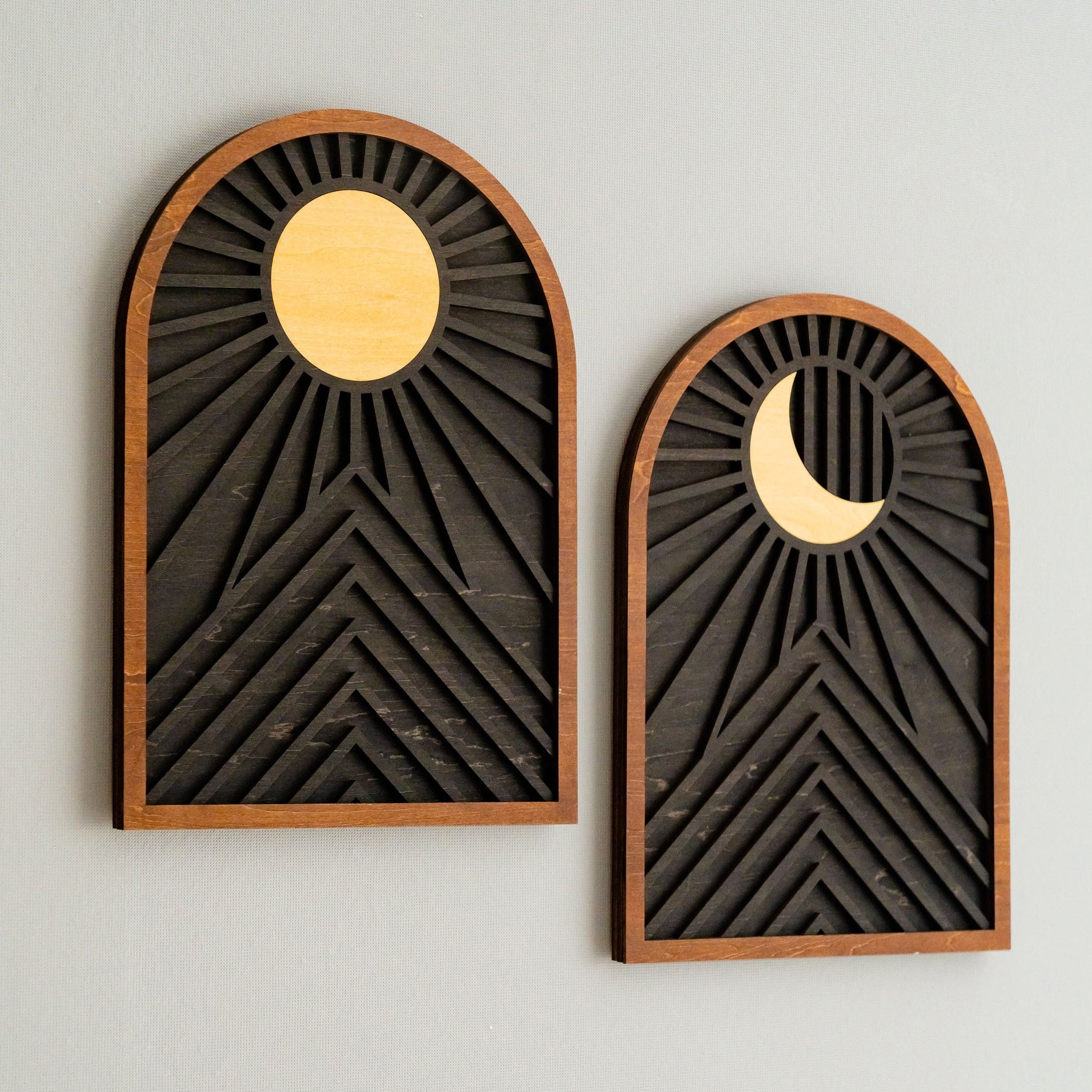 Celestial Sun and Moon Wooden Wall Art for Contemporary Rustic Home Decor J45