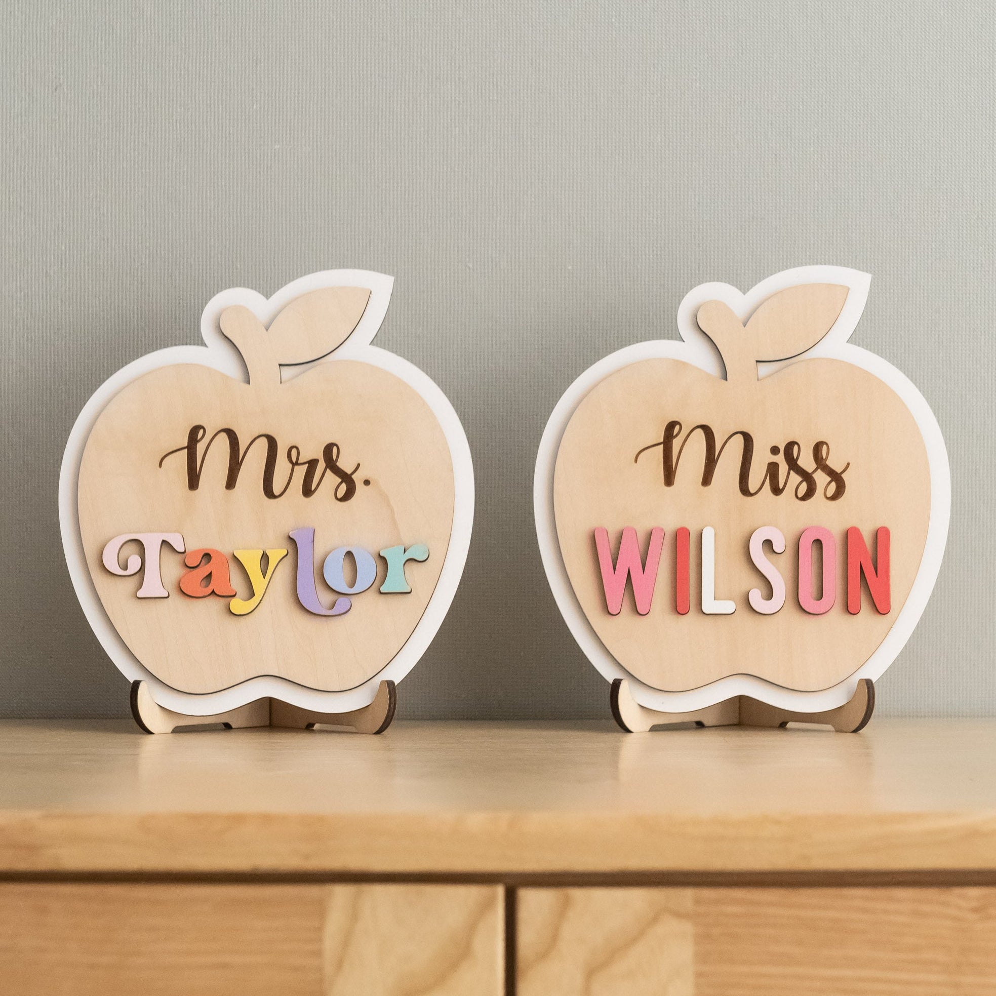 Custom Wooden Teacher's Desk Apple Nameplate J93