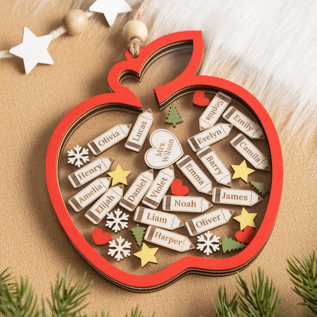 Personalized Apple Shape Classroom Ornament Wood for Teachers R88