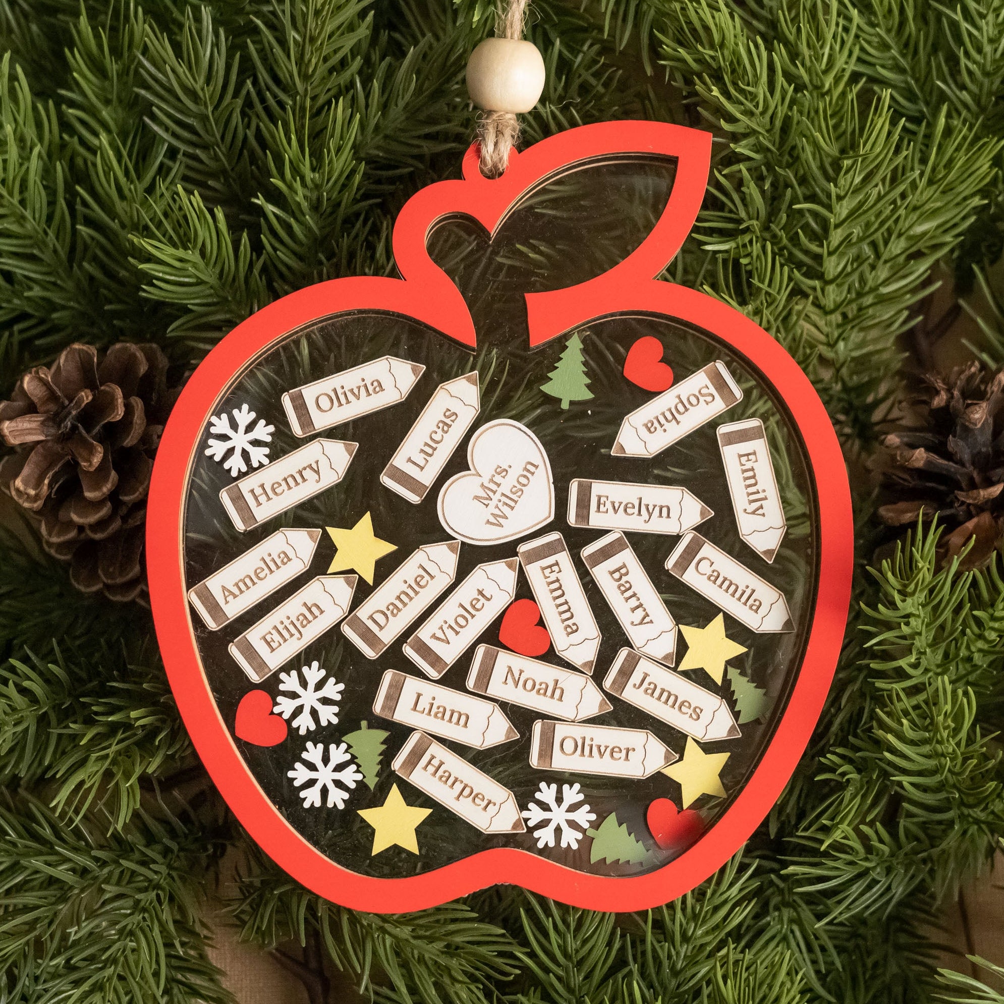 Personalized Apple Shape Classroom Ornament Wood for Teachers Gift R88