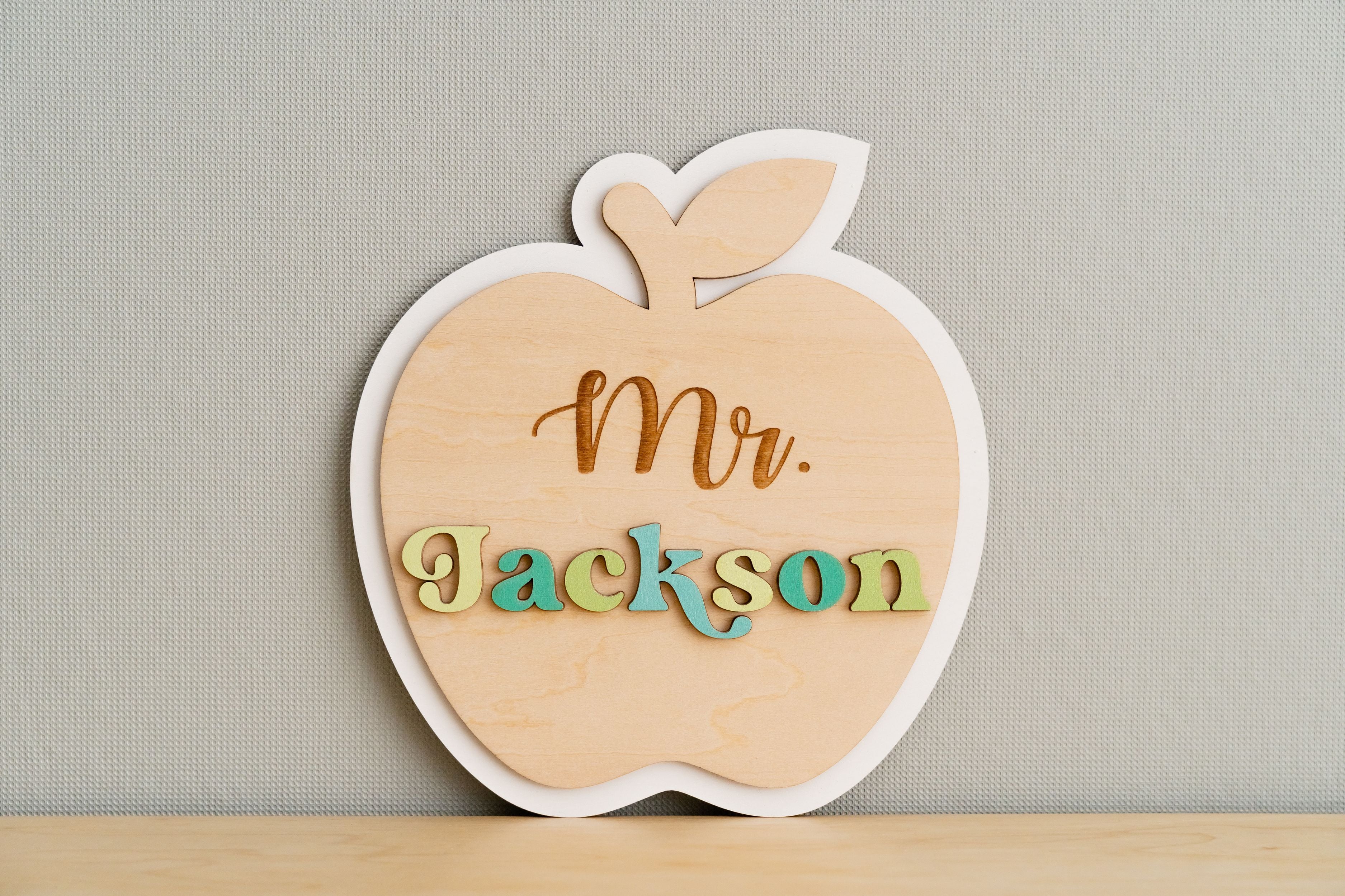 Custom Wooden Teacher's Desk Apple Nameplate