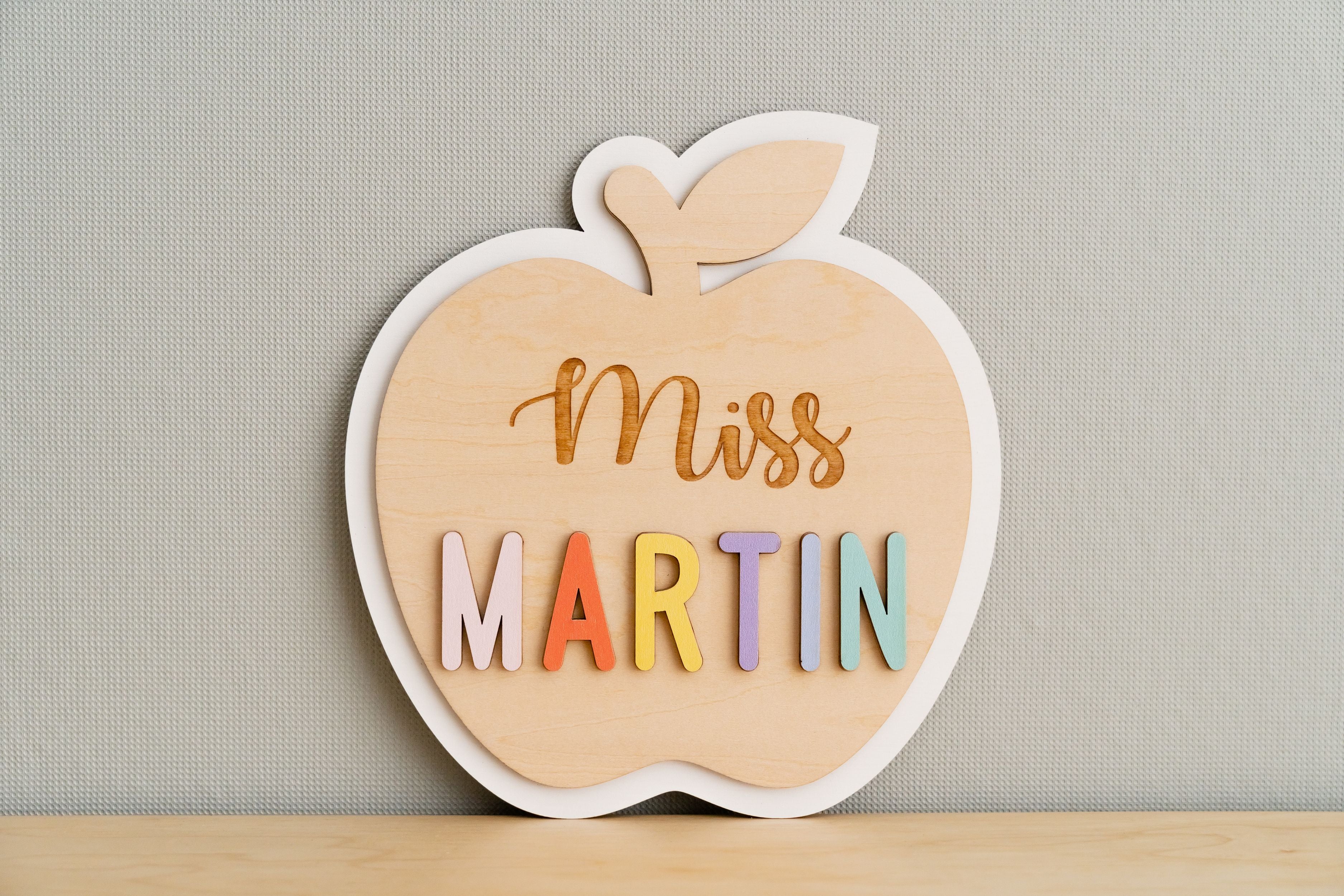 Custom Wooden Teacher's Desk Apple Nameplate