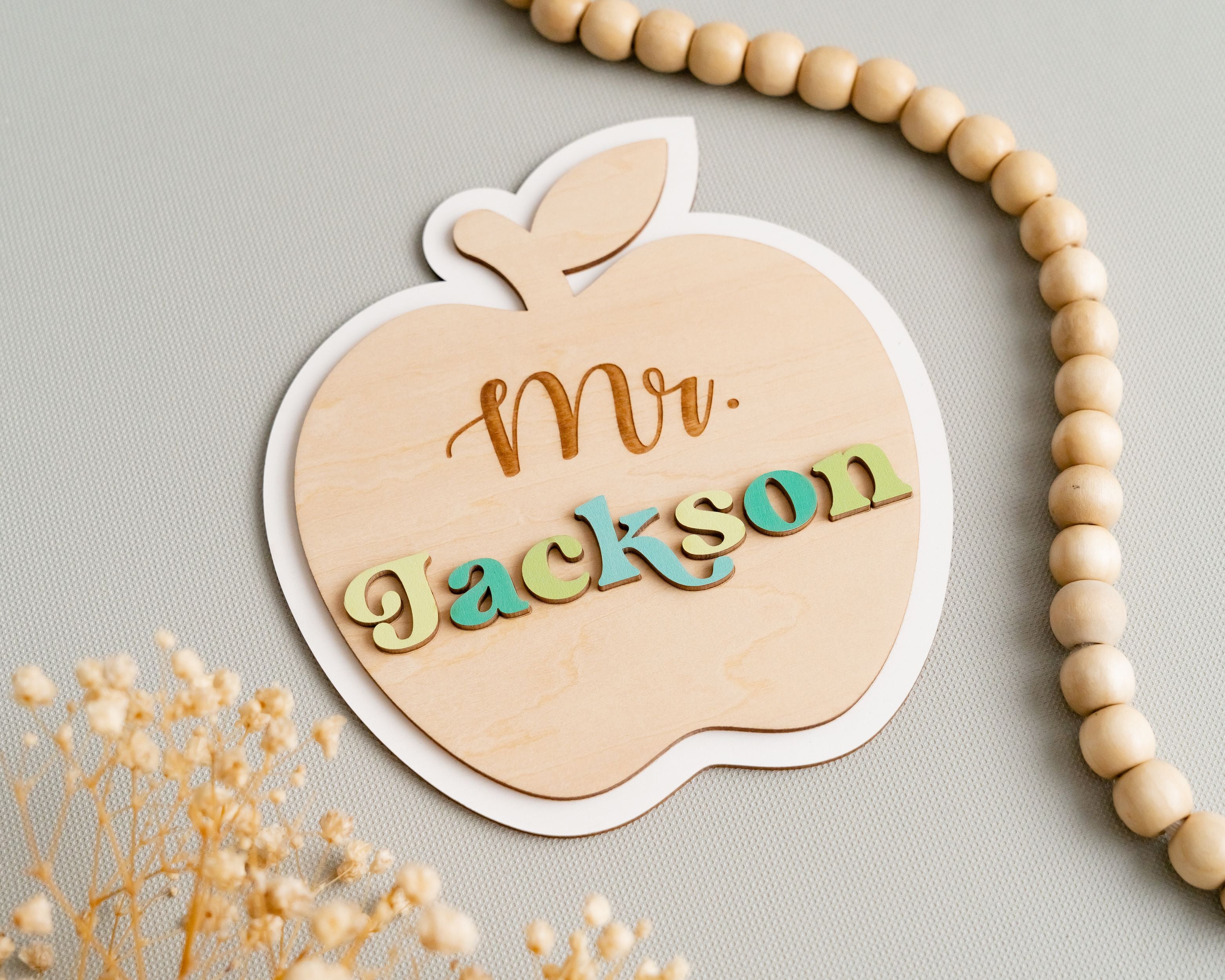 Custom Wooden Teacher's Desk Apple Nameplate