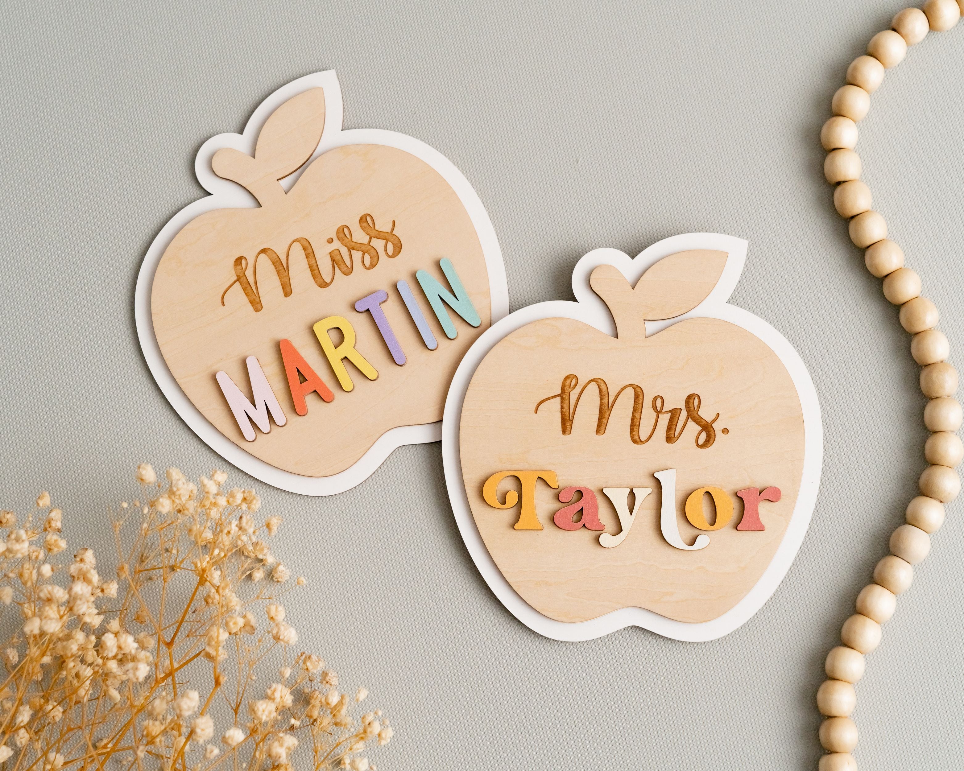 Custom Wooden Teacher's Desk Apple Nameplate