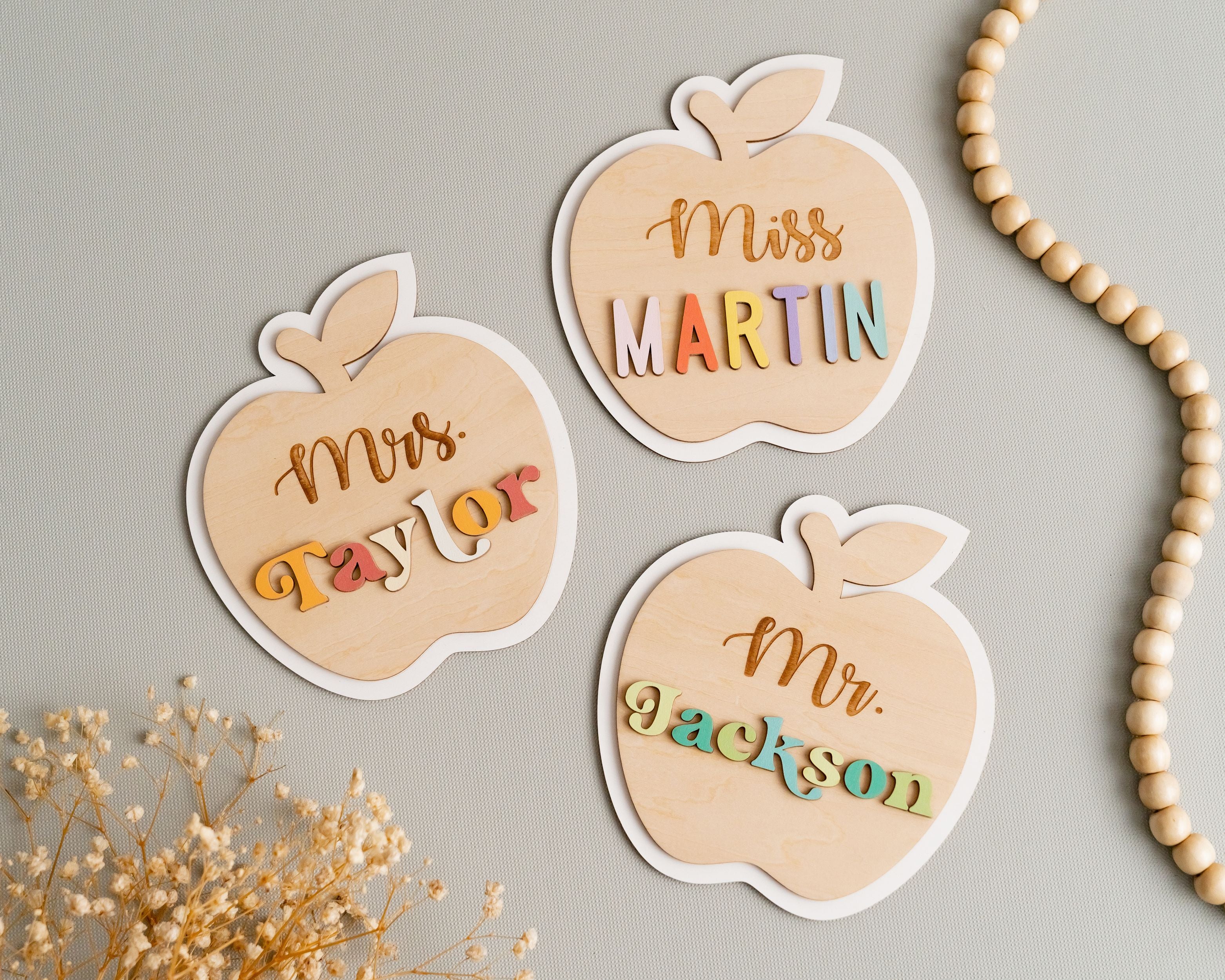 Custom Wooden Teacher's Desk Apple Nameplate