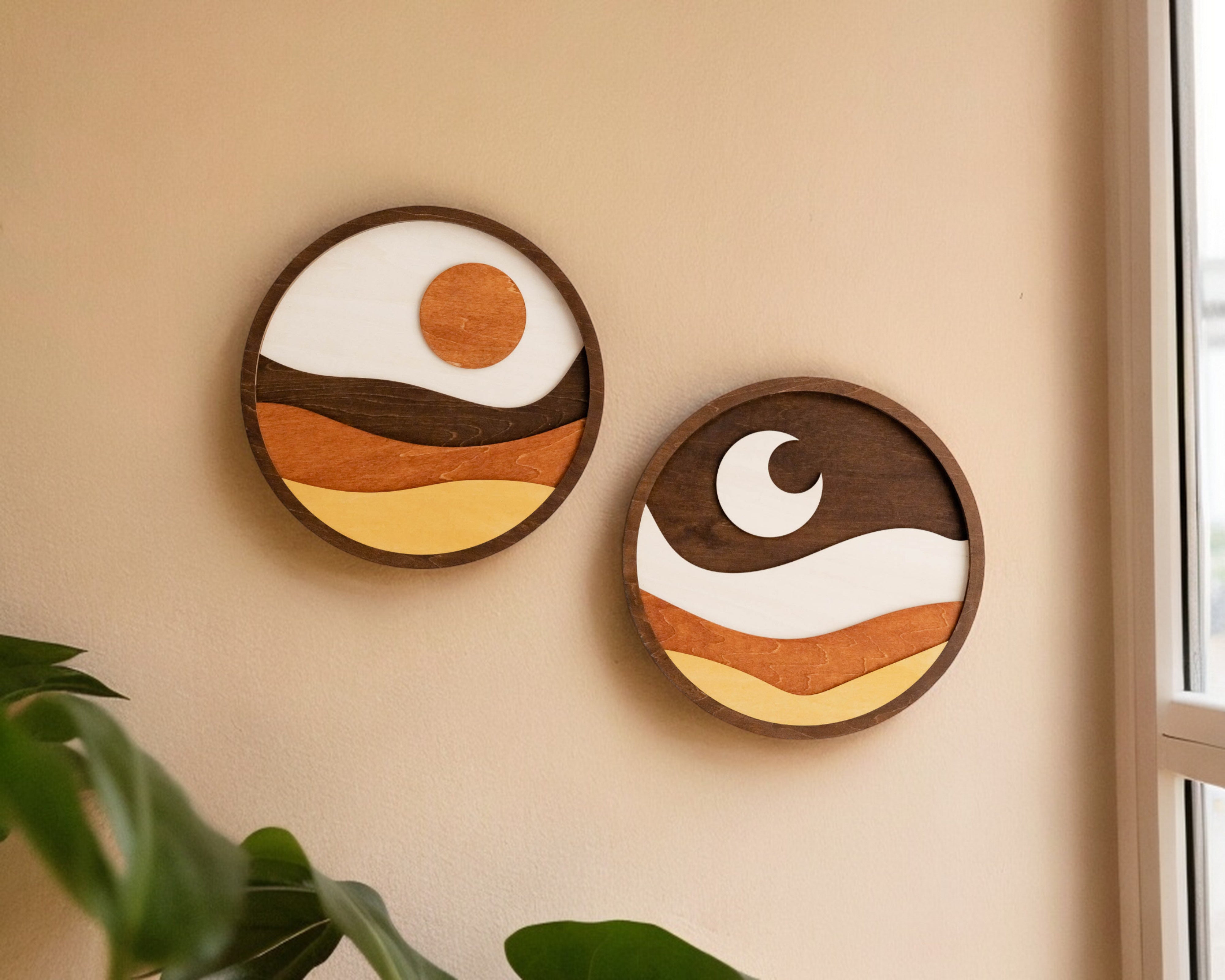 Boho Chic Moon and Sun Wooden Wall Art Set E04