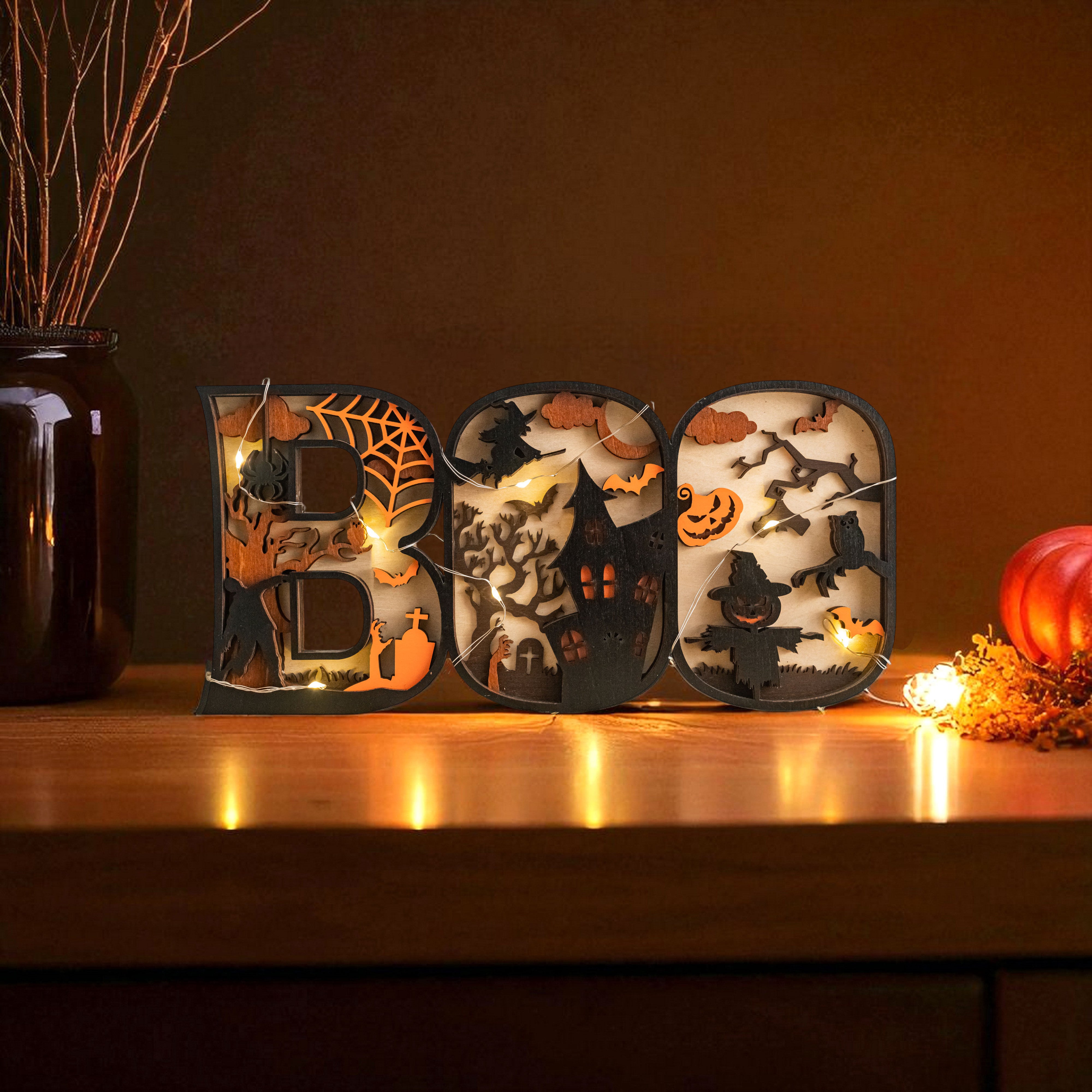 Wooden Halloween BOO Sign Wood Halloween Mantel Decor D11