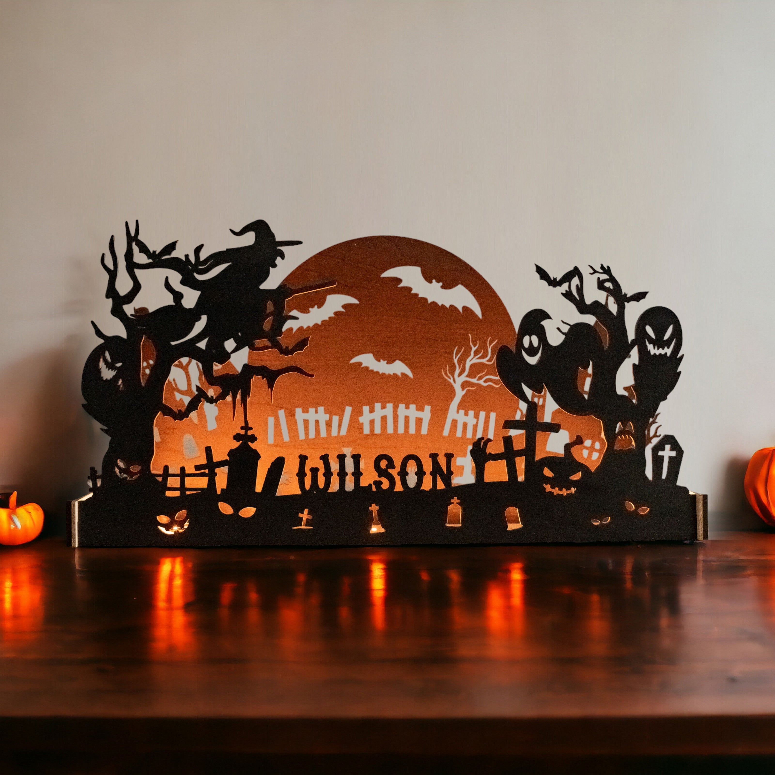 Rustic Wooden Halloween Silhouette Table Centerpiece