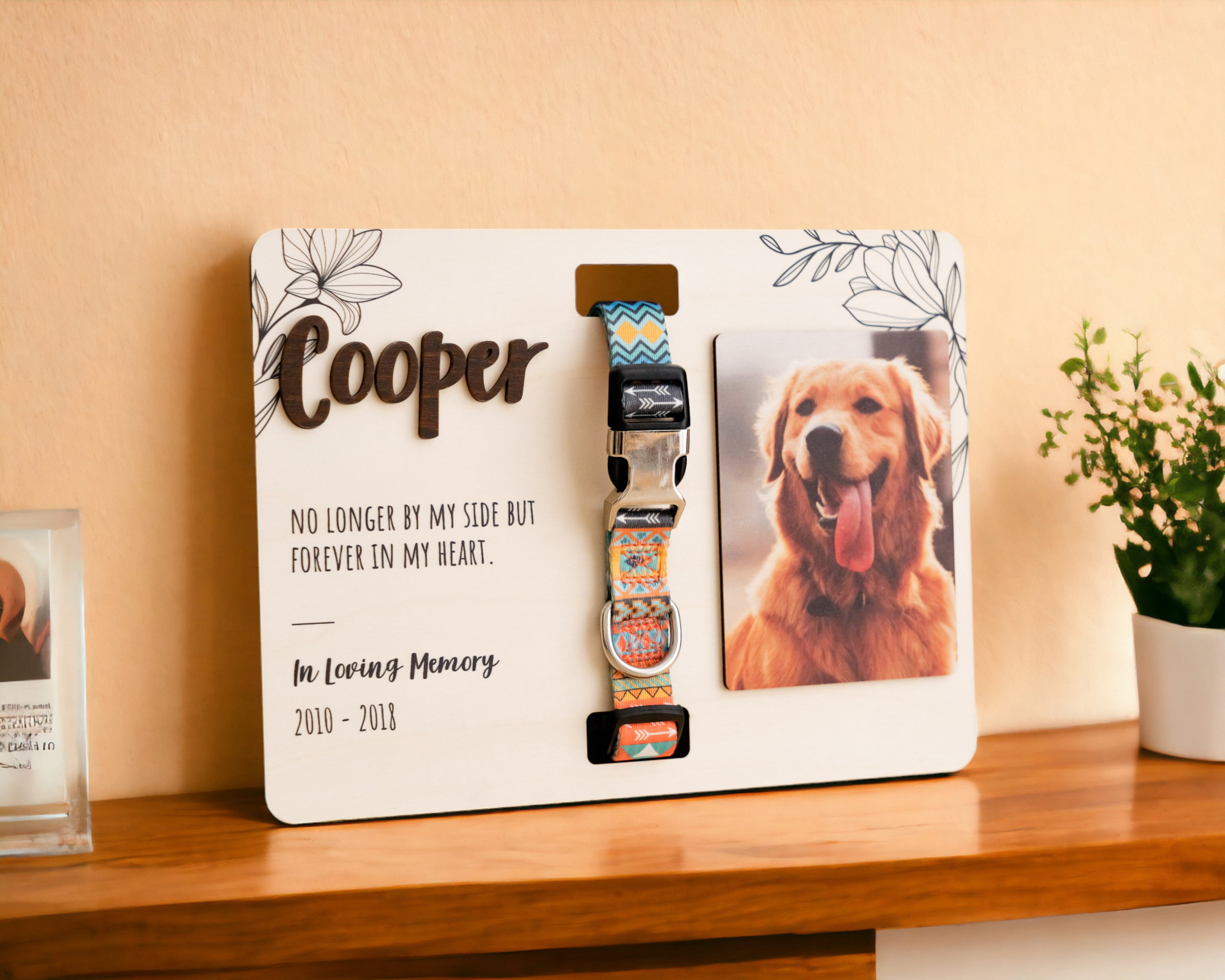 Boho Pet Memorial Photo Frame and Collar Display for Stylish Home Decor