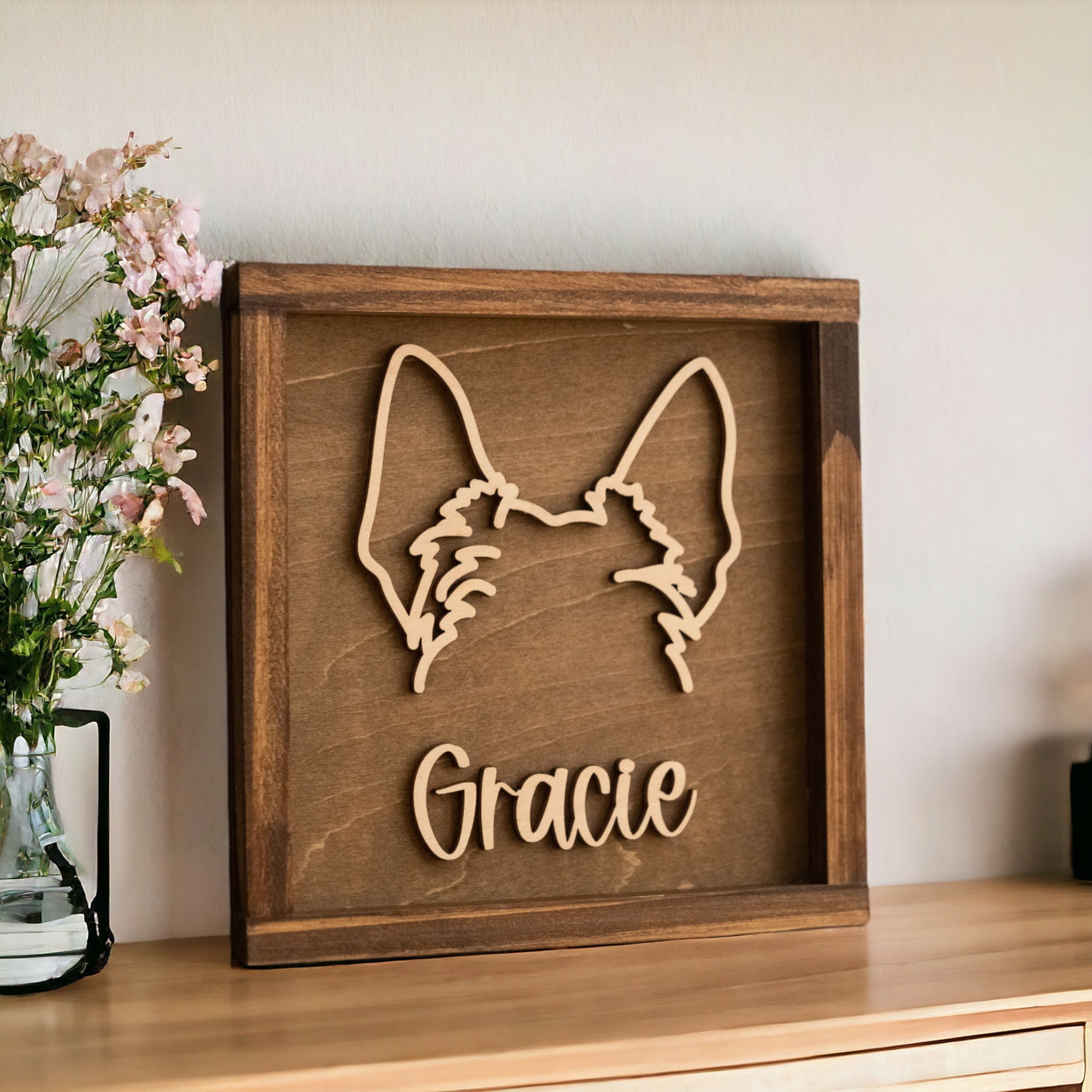 Dog Ear Framed Art Wood for Pet Memorial Gift and Rustic Decor J06