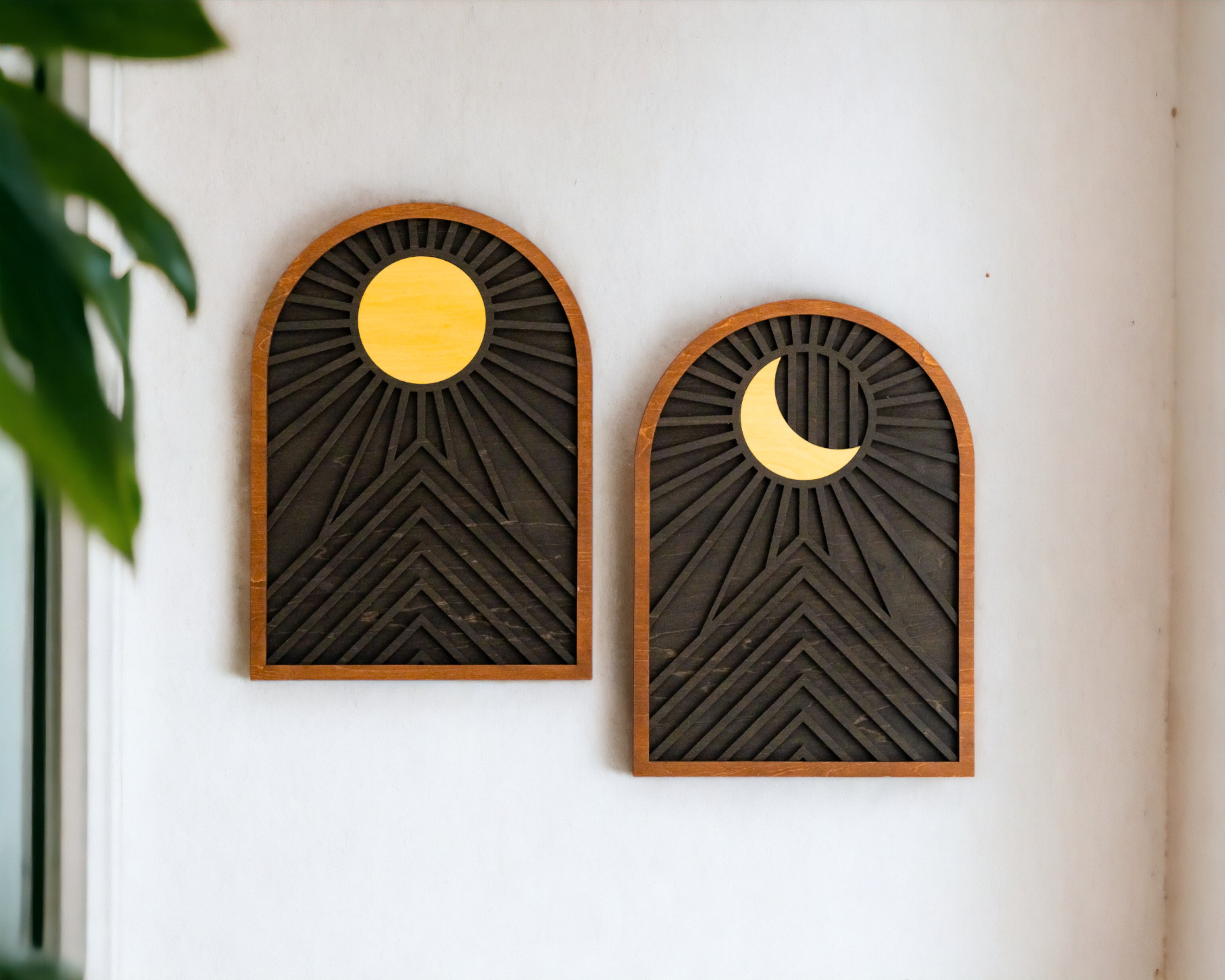 Celestial Sun and Moon Wooden Wall Art for Contemporary Rustic Home Decor J45