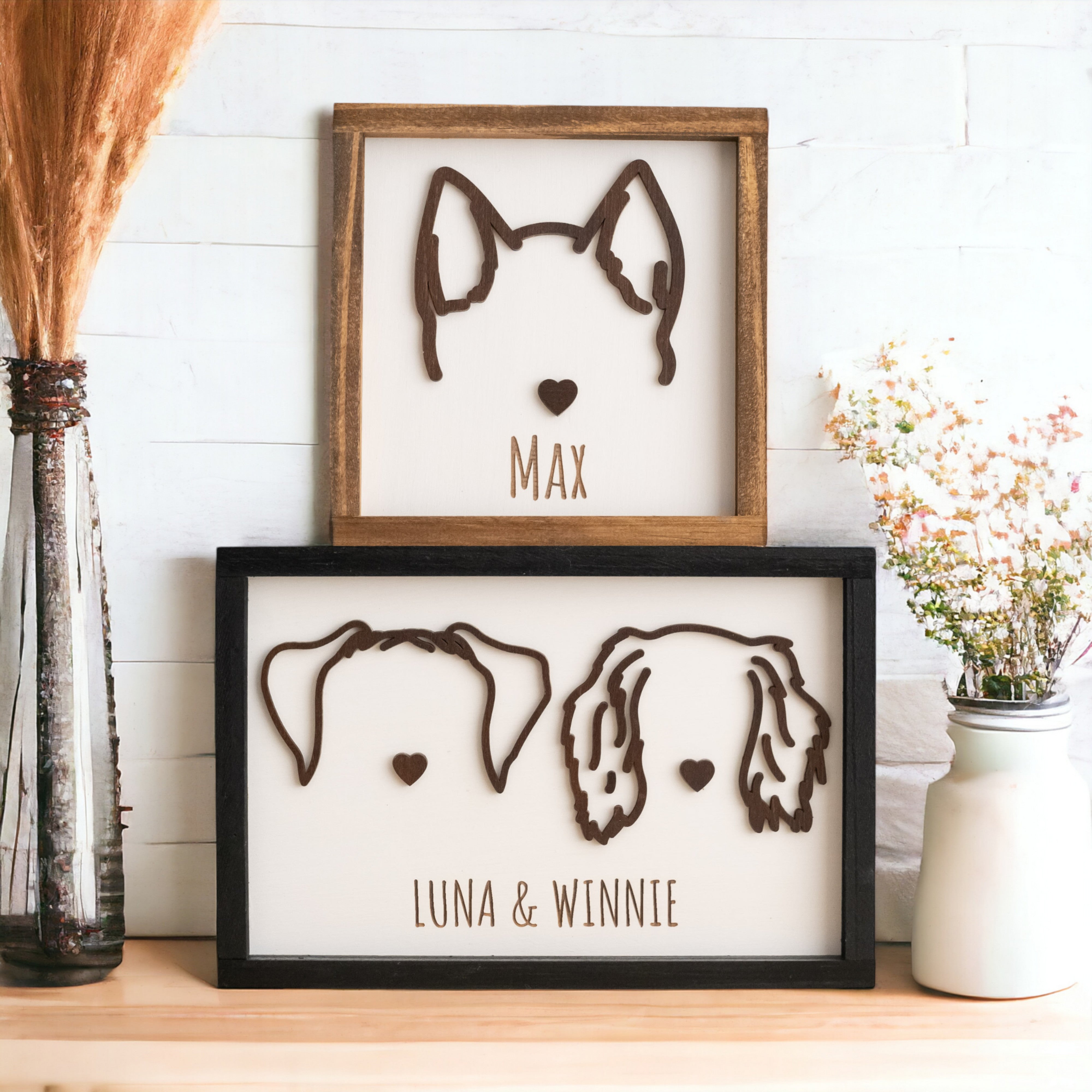 Dog Ear Framed Art Wood, Dog Wall Art for Wooden Pet Decor E15