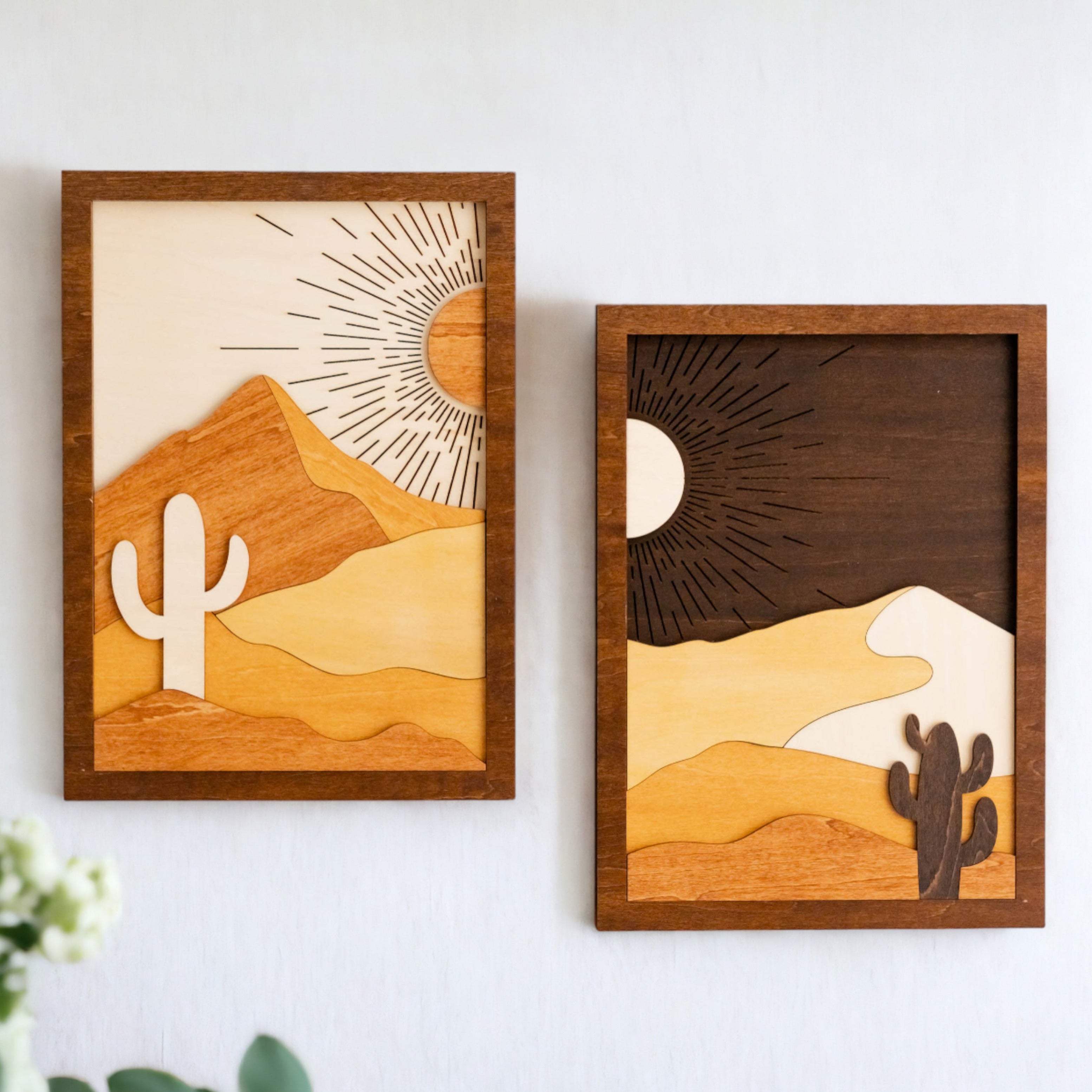 Dynamic Sun and Moon Wooden Wall Art Duo