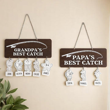 Personalized Papas Best Catch Wooden Sign for Papa Gift Y83