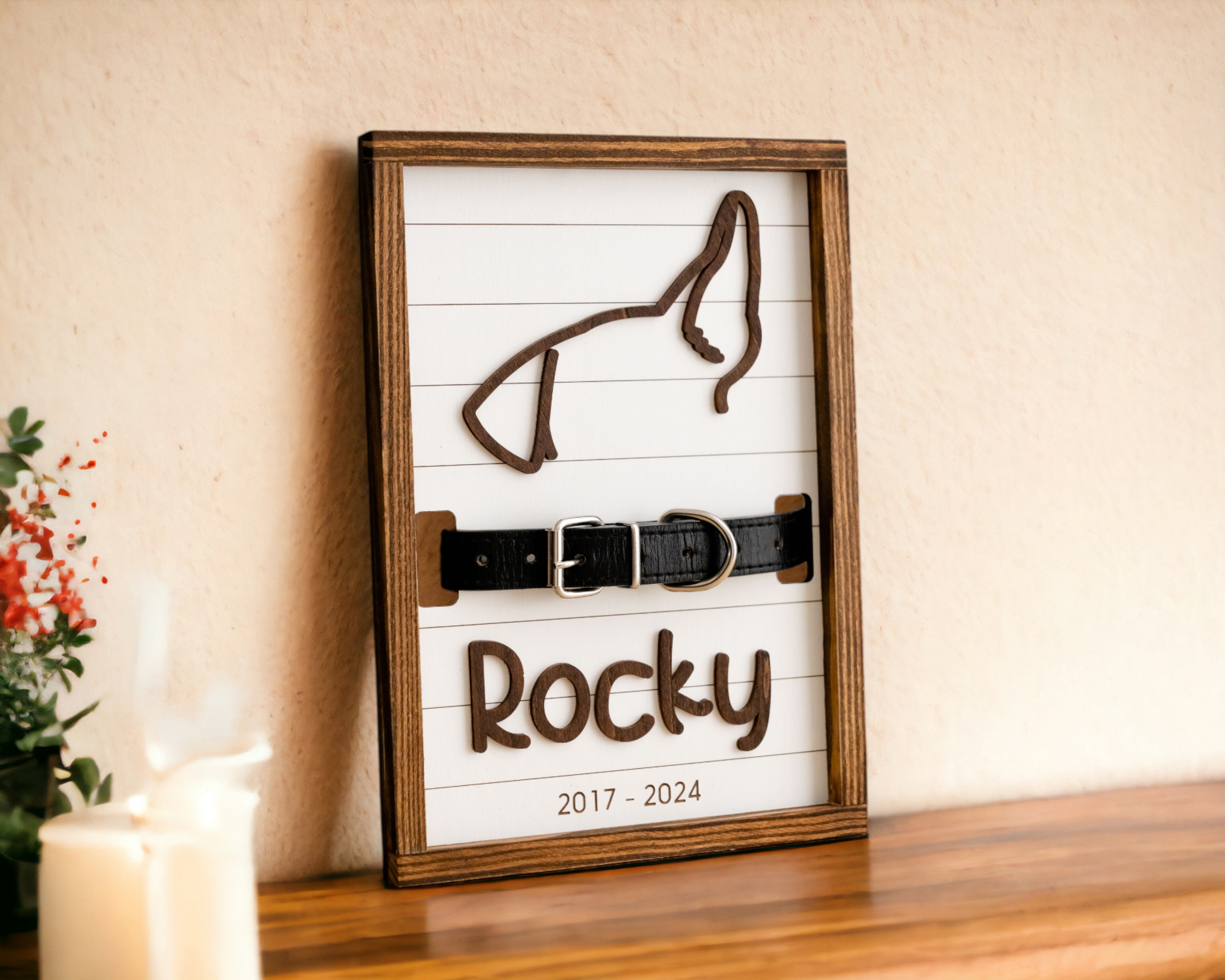 Dog Ear Drawing Framed Wood for Pet Memorial Gift and Decor G98