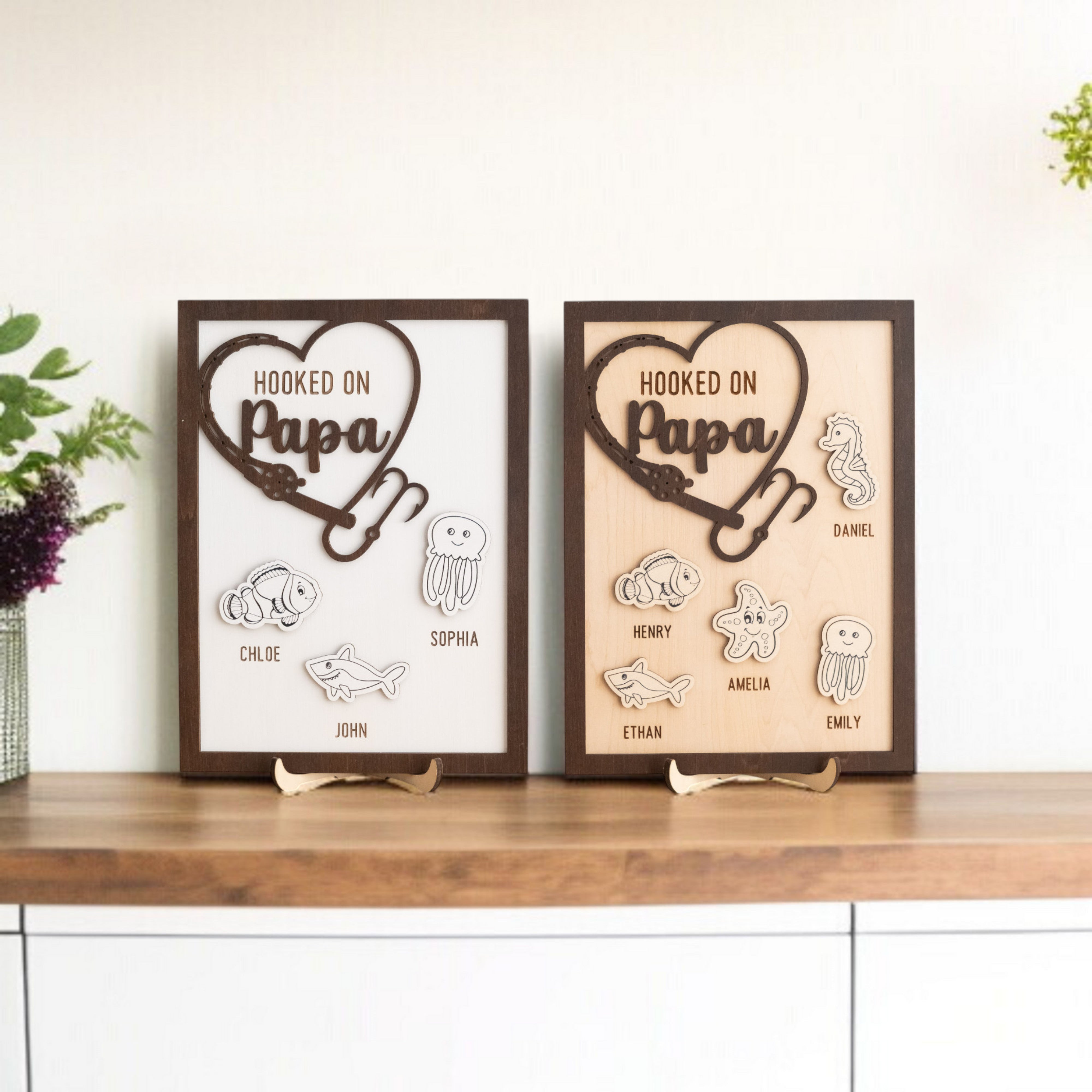 Personalized Hooked on Papa Wooden Table Decor Wood Gift for Papa Y85