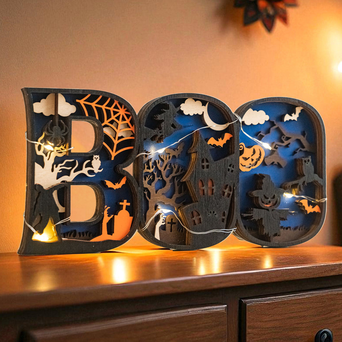 Wooden Halloween BOO Sign Wood Halloween Mantel Decor D11