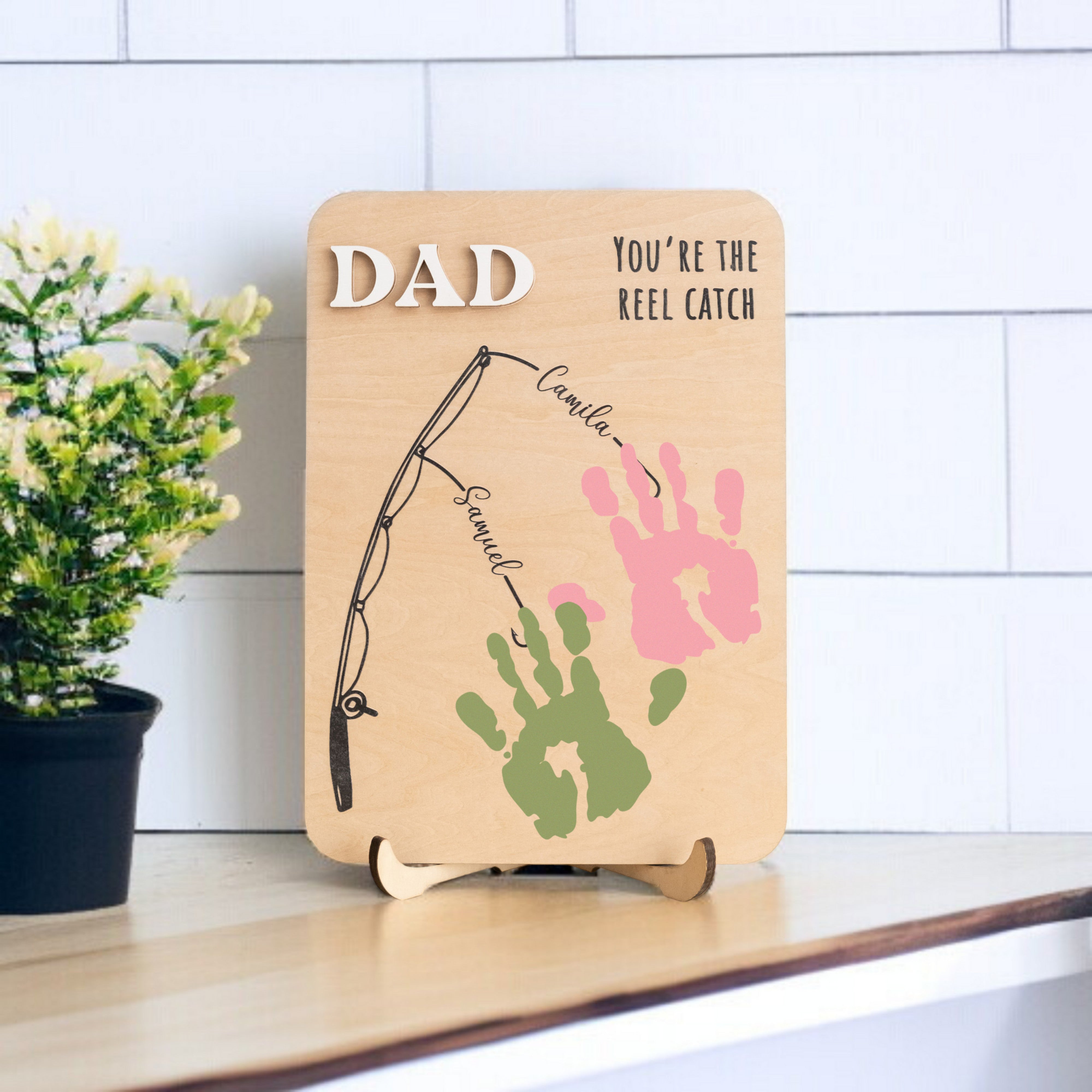 Fishing Handprint Sign for Dad Wood Fathers Day Gift and Personalized Handprint Art Y78