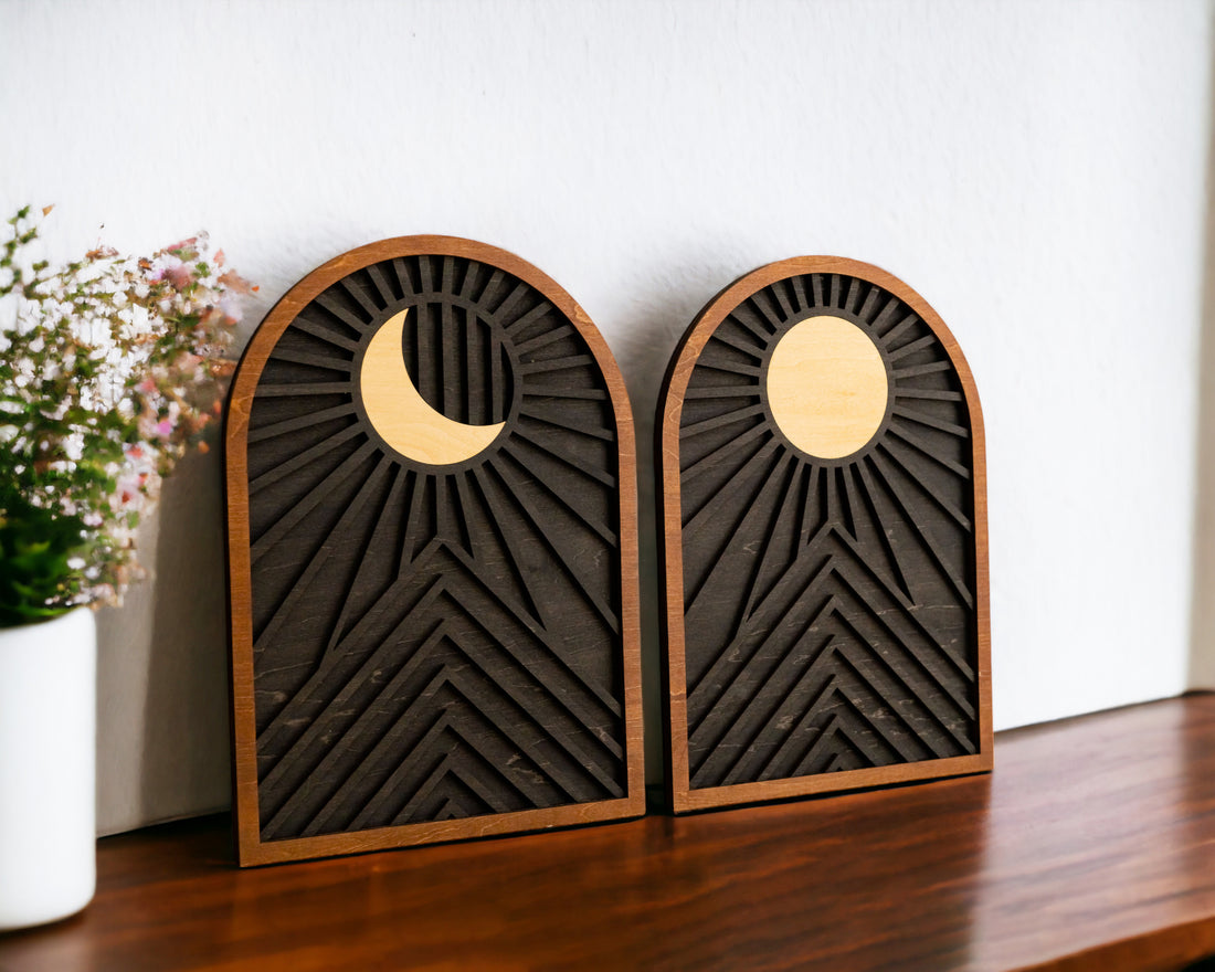 Celestial Sun and Moon Wooden Wall Art for Contemporary Rustic Home Decor