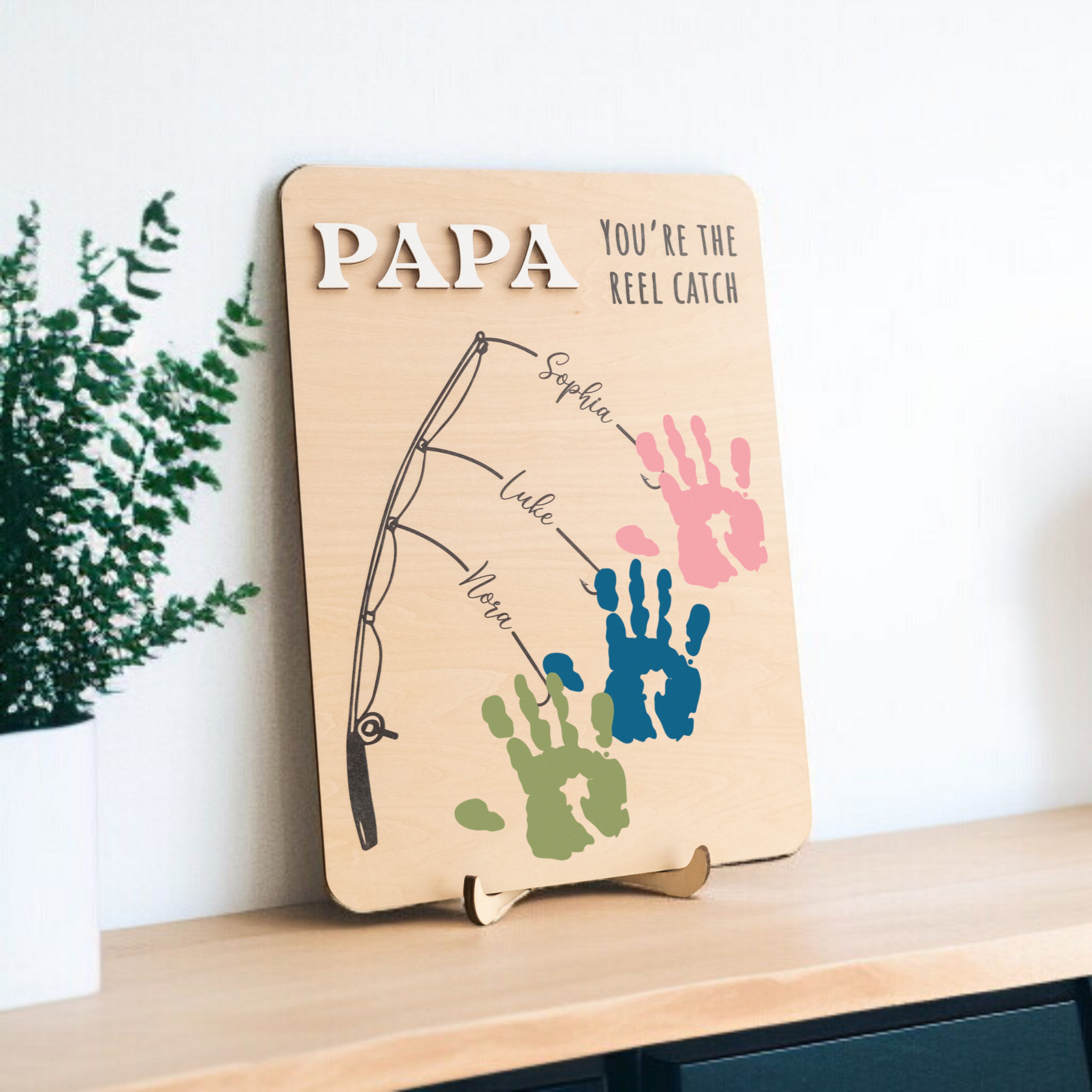 Fishing Handprint Sign for Dad Wood Fathers Day Gift and Personalized Handprint Art Y78