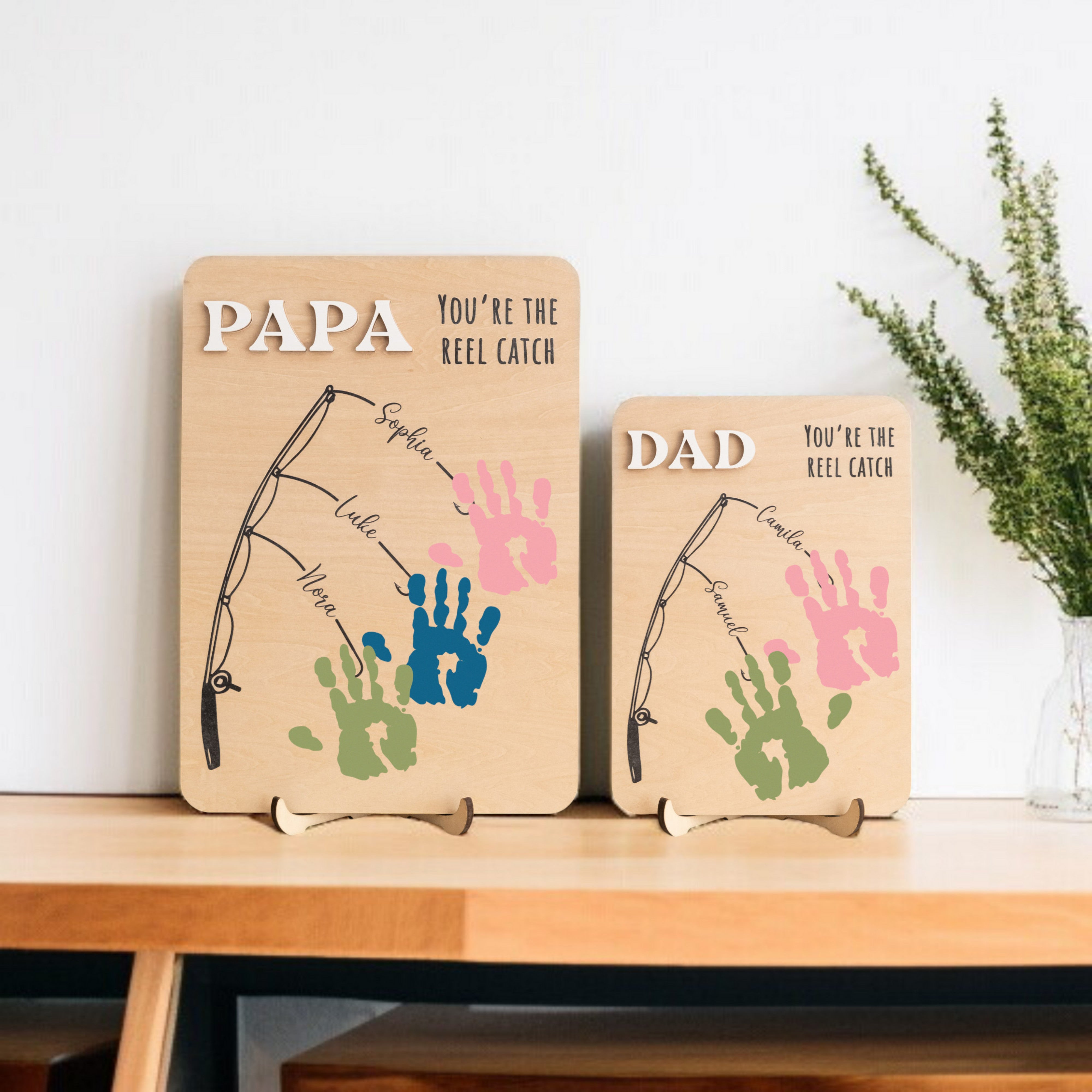 Fishing Handprint Sign for Dad Wood Fathers Day Gift and Personalized Handprint Art Y78