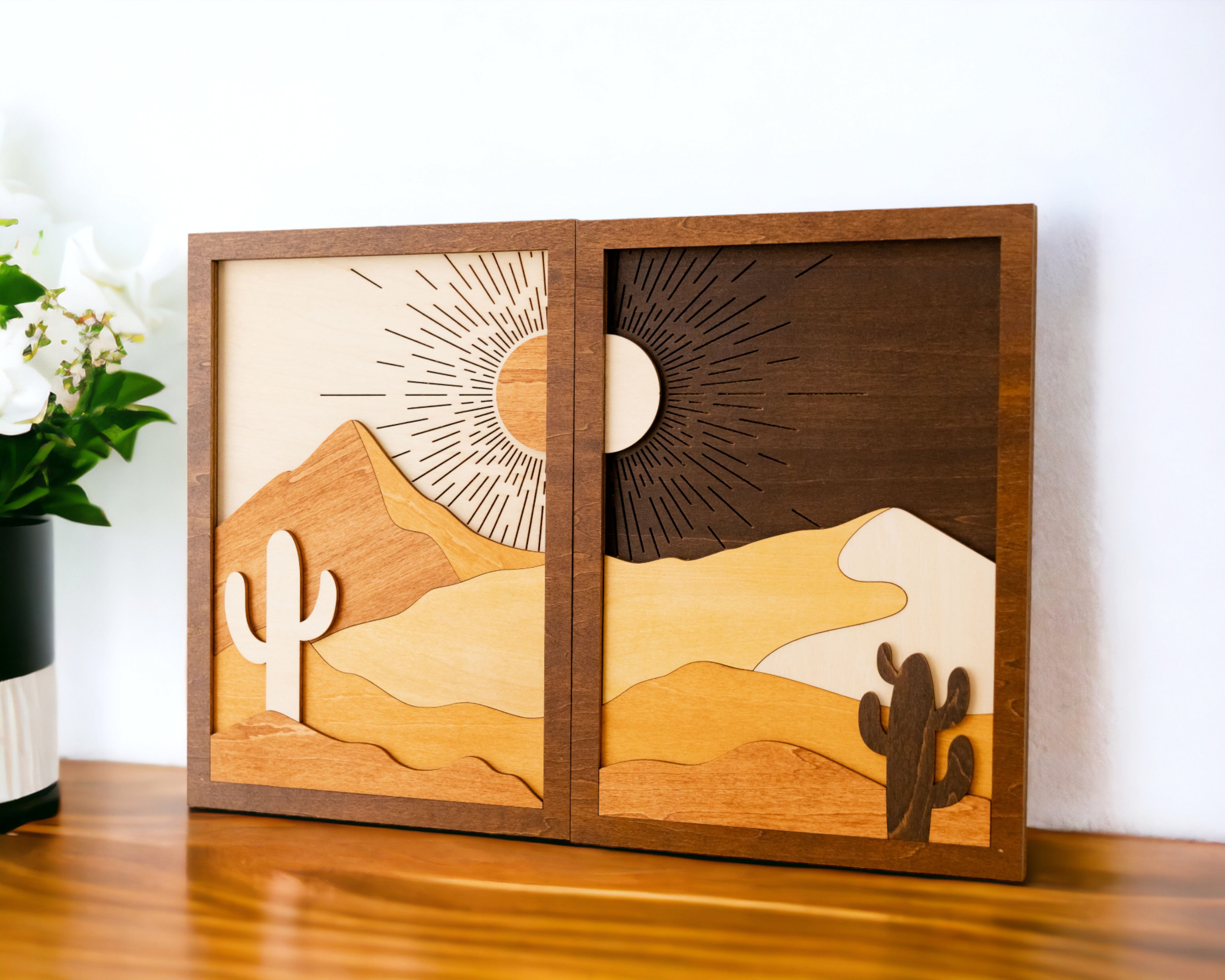 Dynamic Sun and Moon Wooden Wall Art Duo