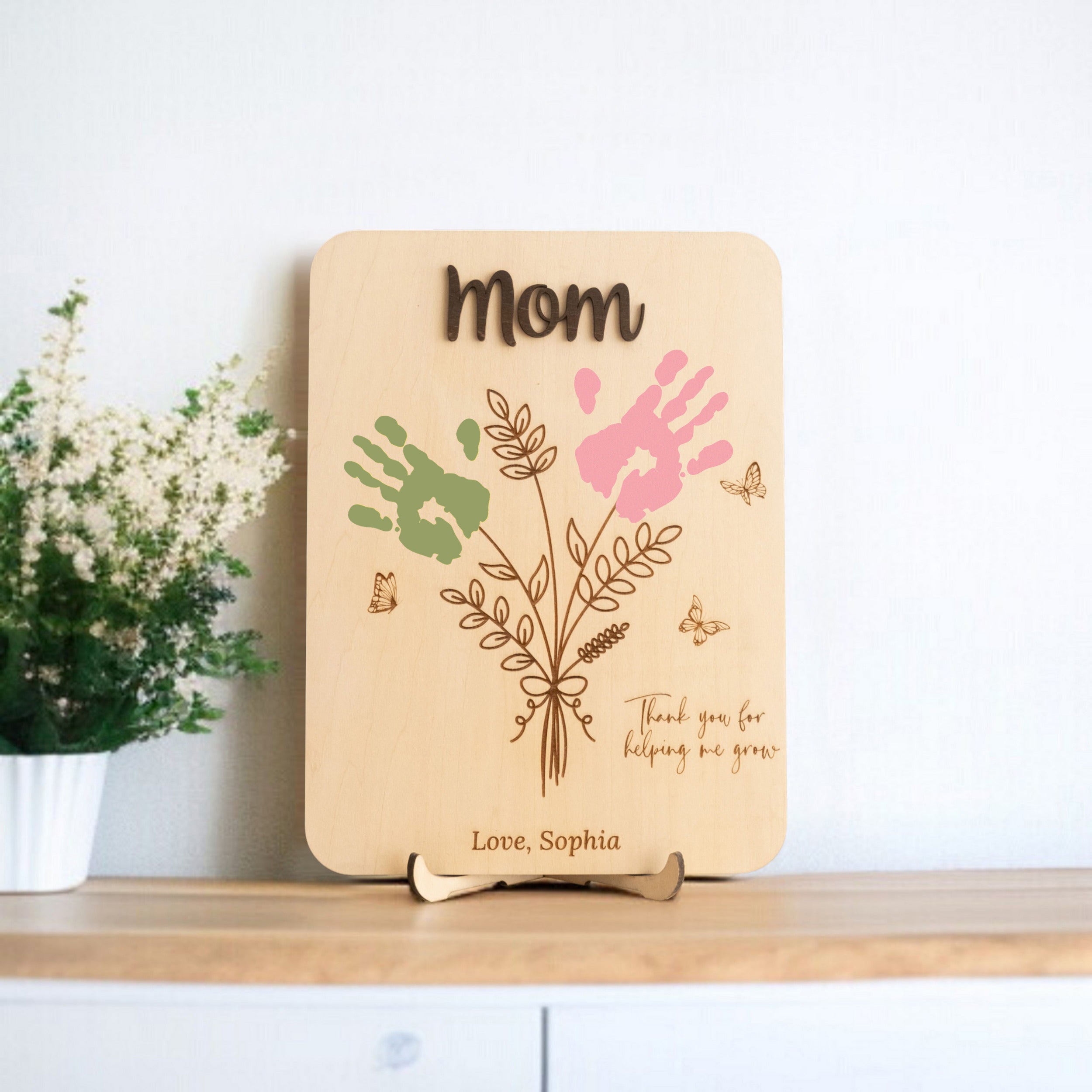 Wooden Flower Handprint Art Wood Mothers Day Gift for Mom Y68