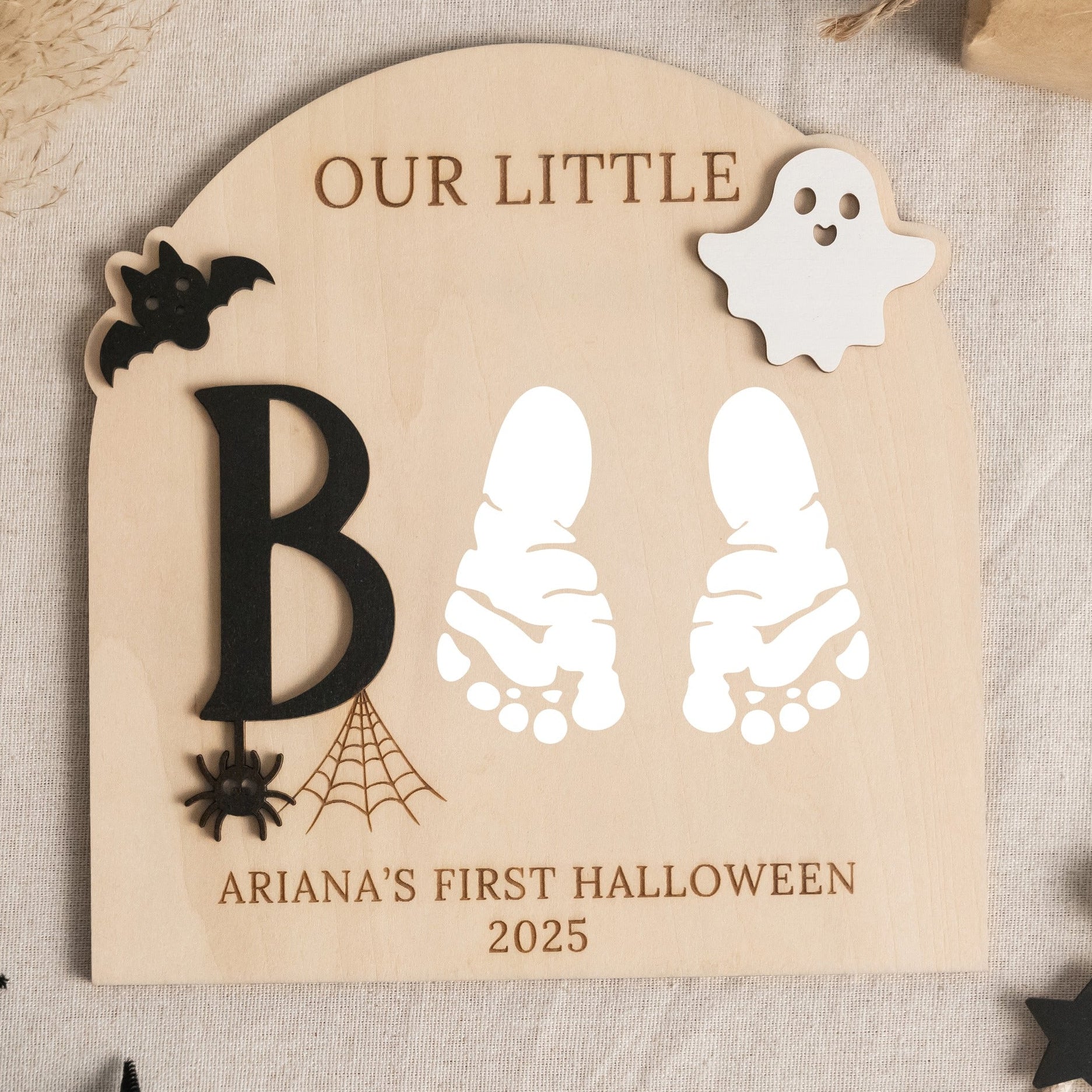 Wooden Halloween Baby Footprint Sign for Babys First Halloween D03