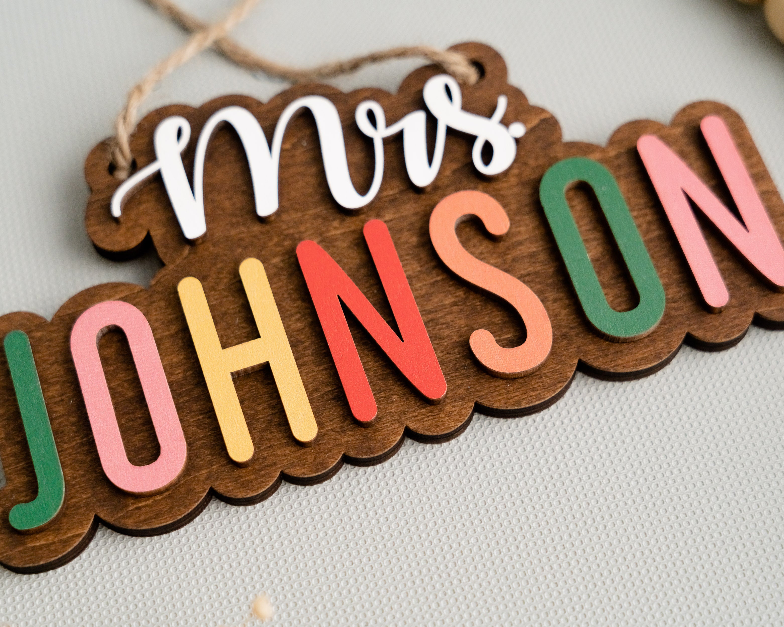 Personalized Wooden Teacher's Name Hanging Sign For Boho Rustic Wall Decor