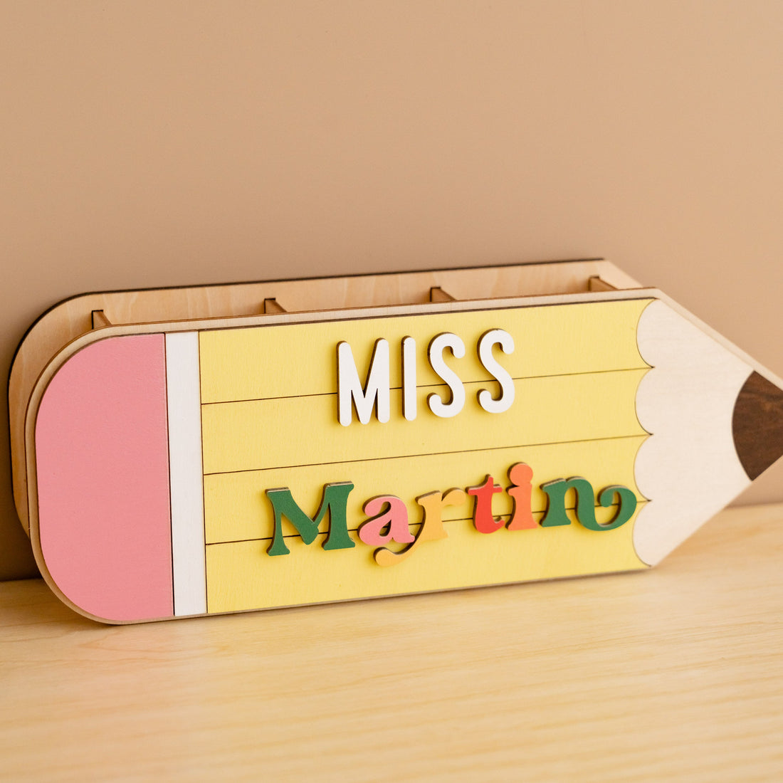 Personalized Wooden Teacher’s Pencil Sign for Teacher Desk Decor and Gifts R02