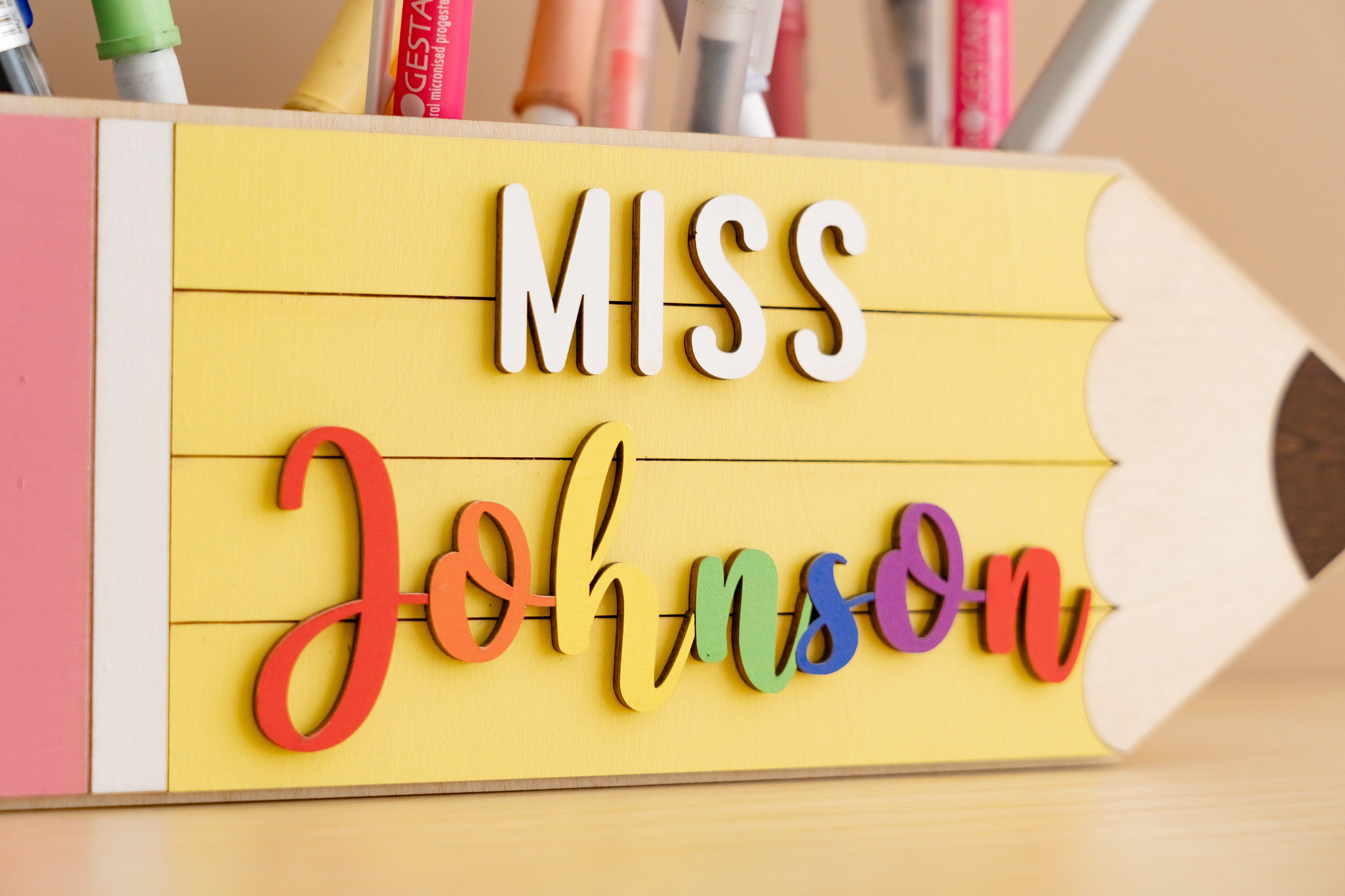 Customized Wooden Teacher's Pencil Desk Holder R02