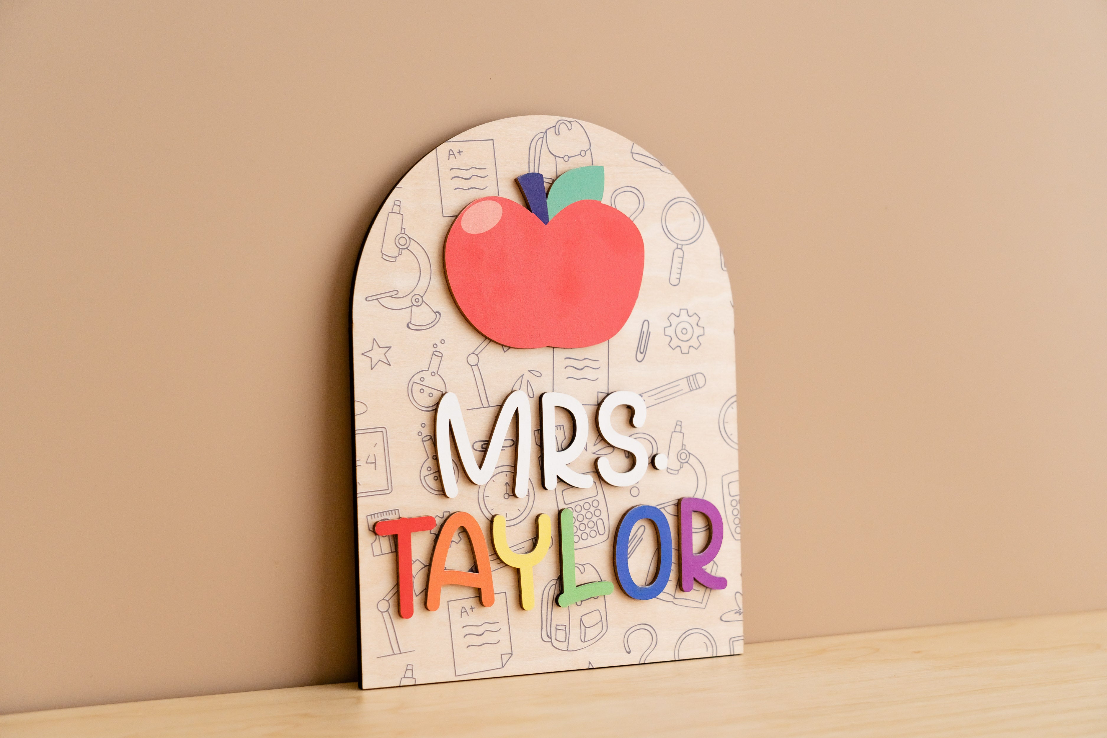 Personalized Wooden Teacher's Name Sign Desk Ornament Boho Rustic Gift