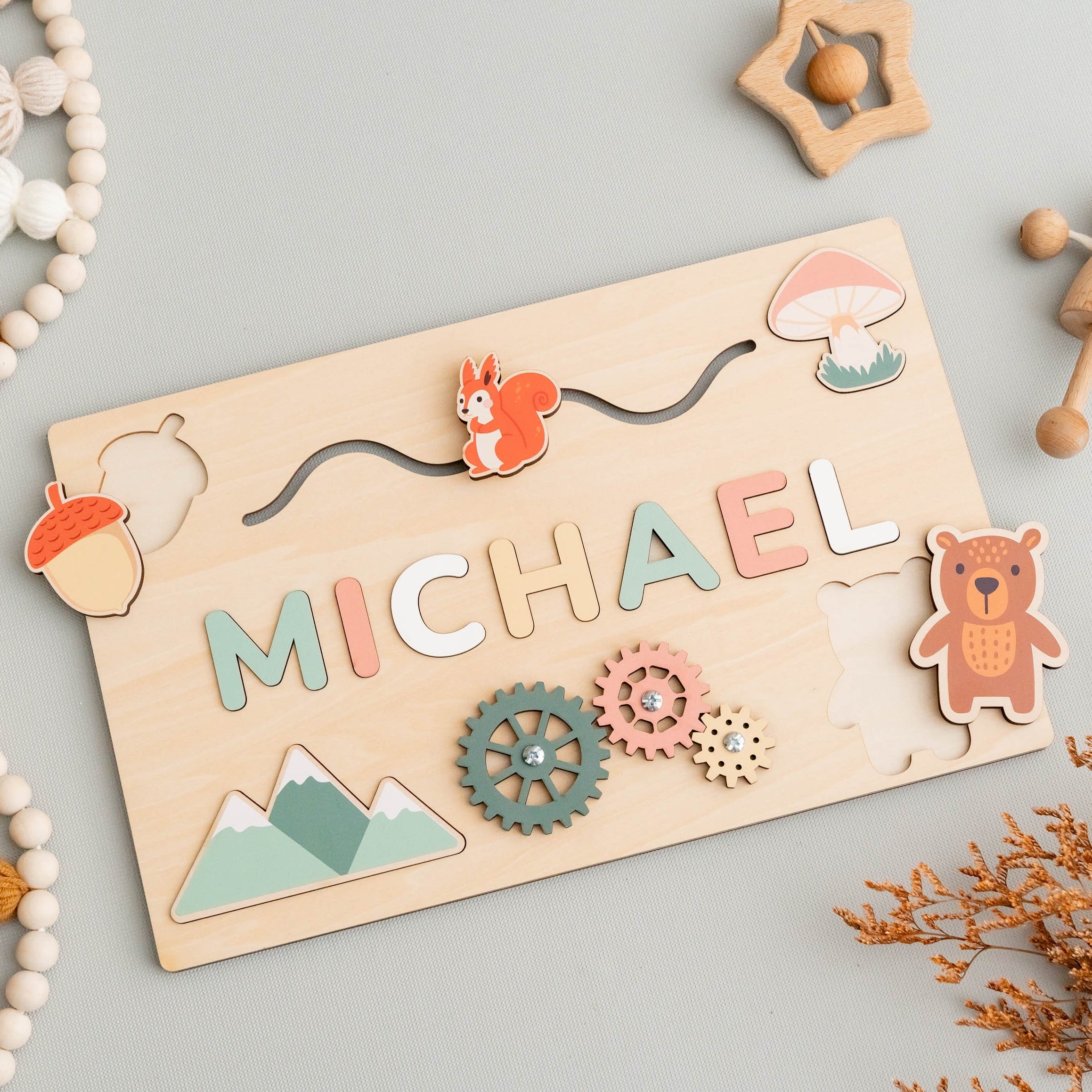 Wooden Busy Board Name Sign for Nursery and Kids Decor R03