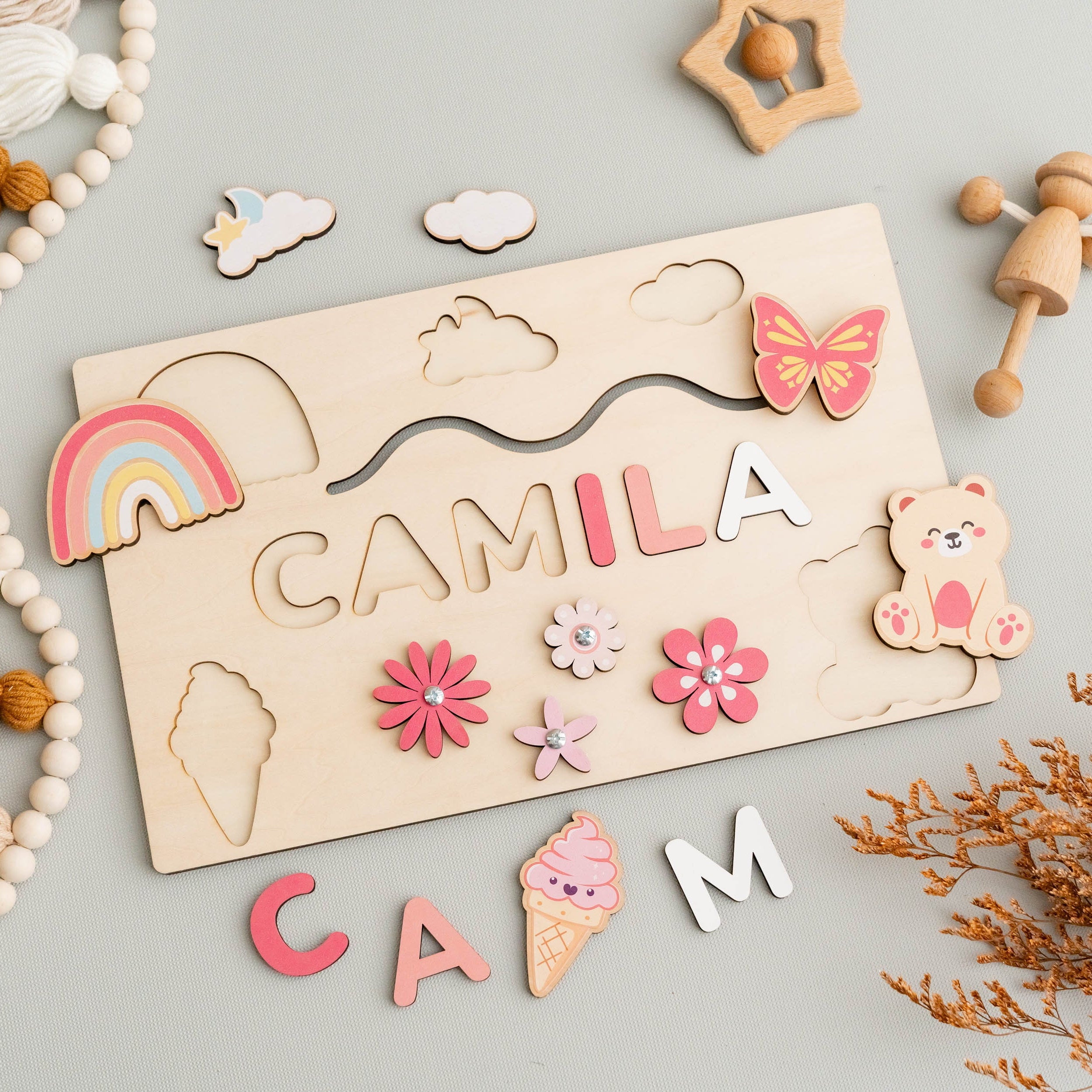 Wooden Busy Board Name Sign for Nursery and Kids Decor R03