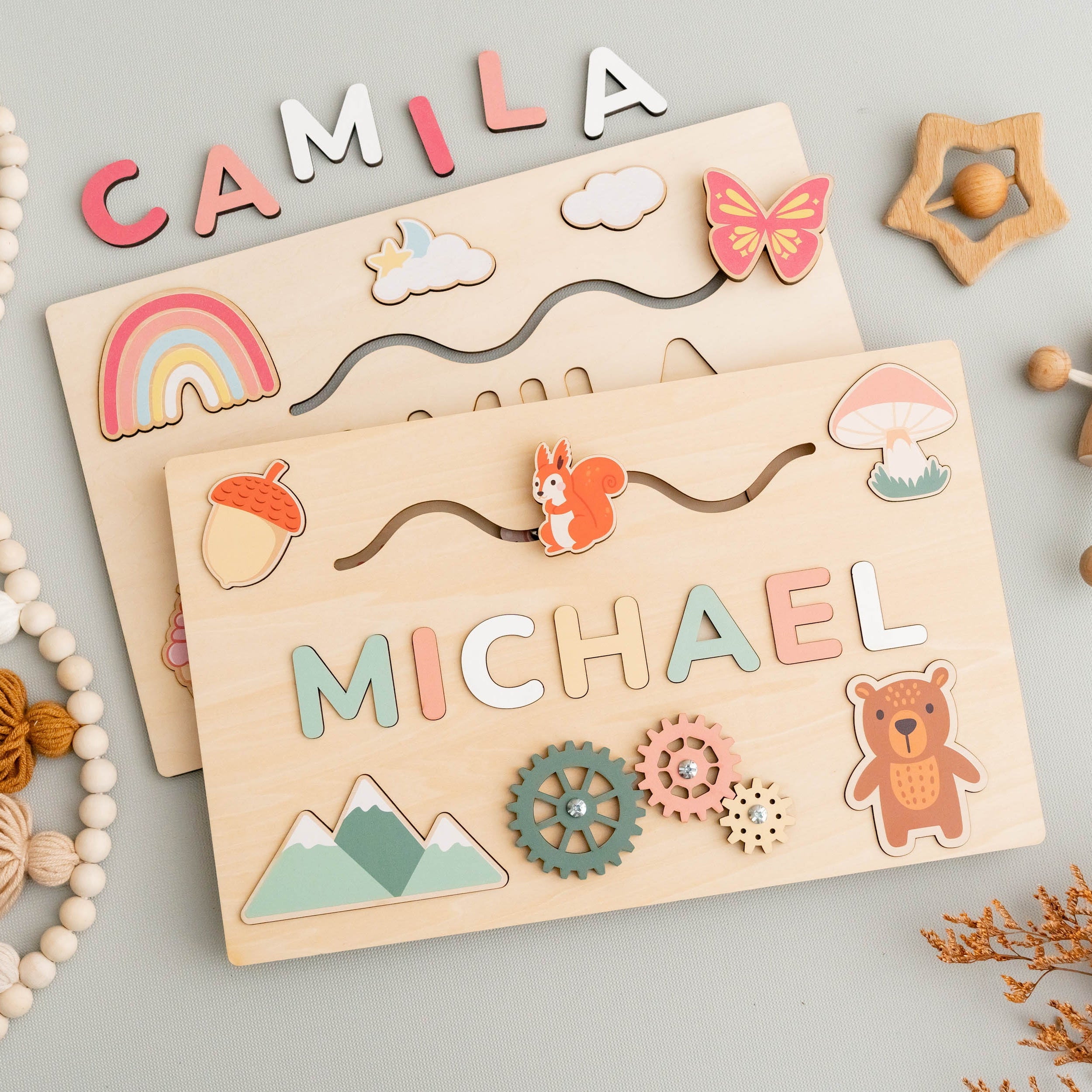 Wooden Busy Board Name Sign for Nursery and Kids Decor R03