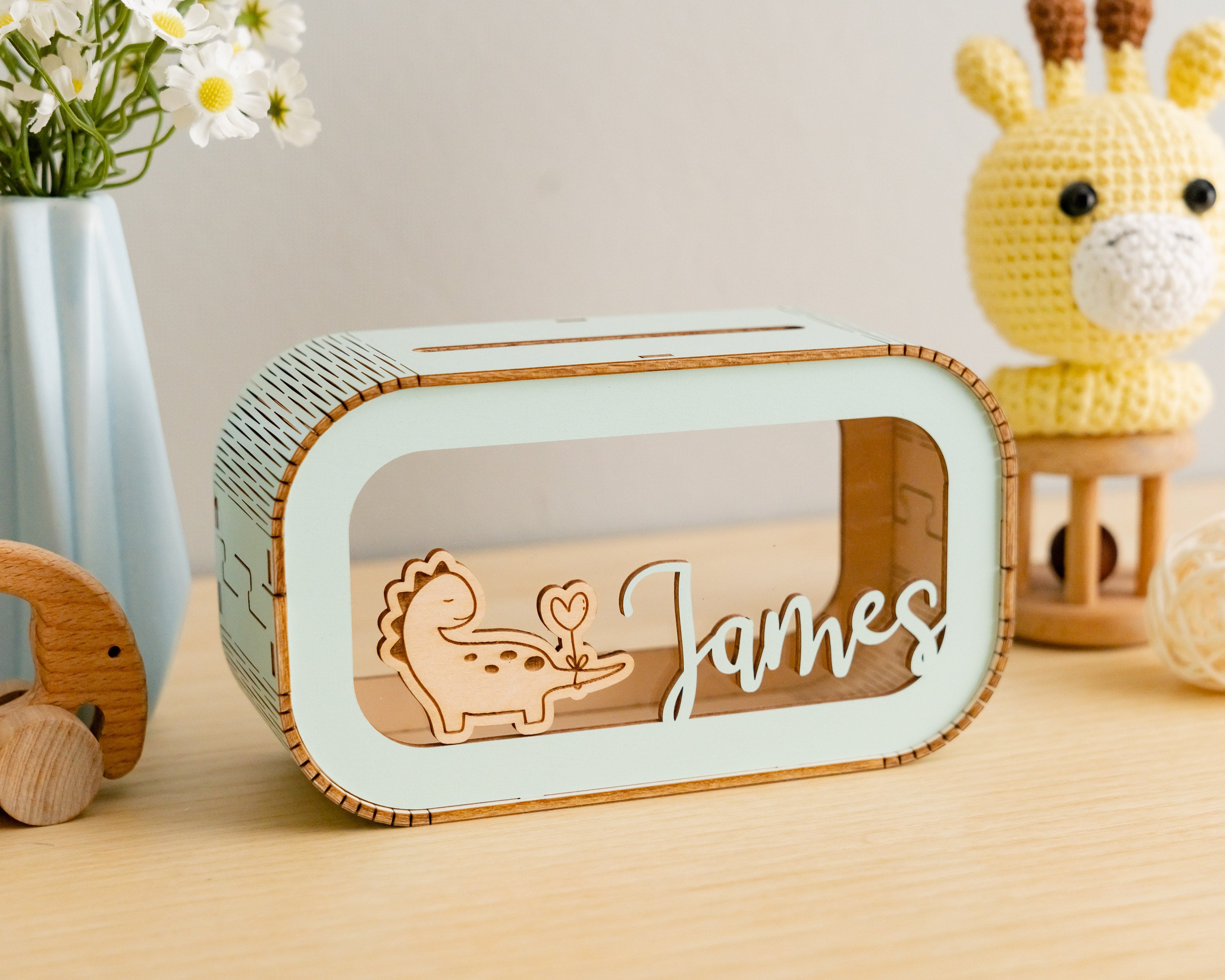 Scandinavian-Inspired Personalized Wooden Piggy Bank for Kids