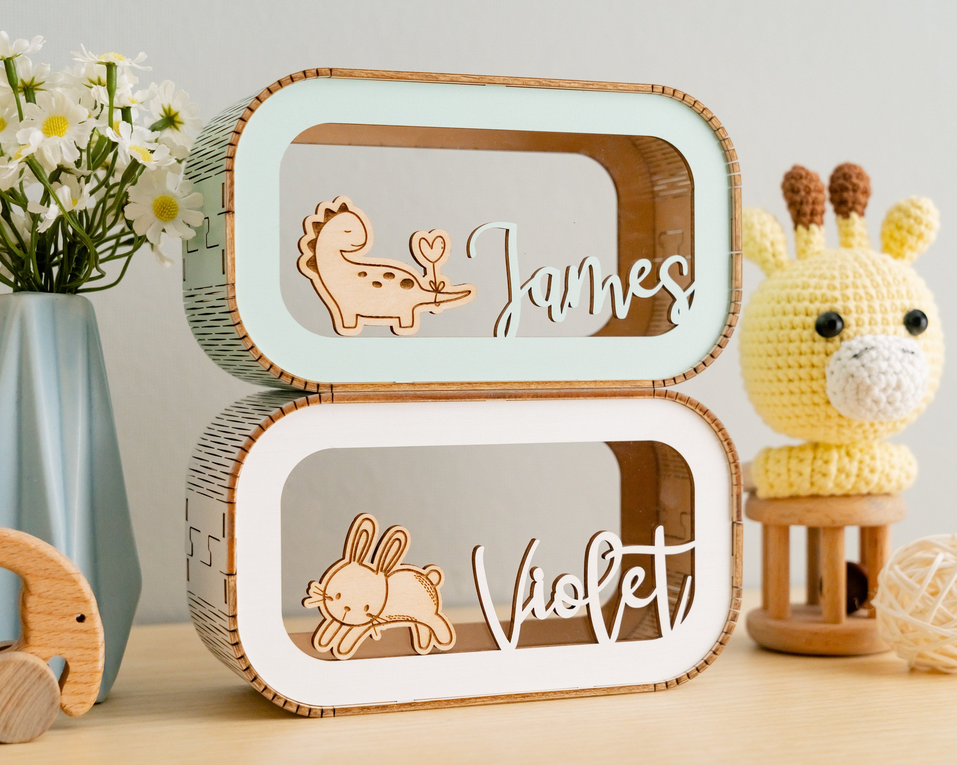 Scandinavian-Inspired Personalized Wooden Piggy Bank for Kids