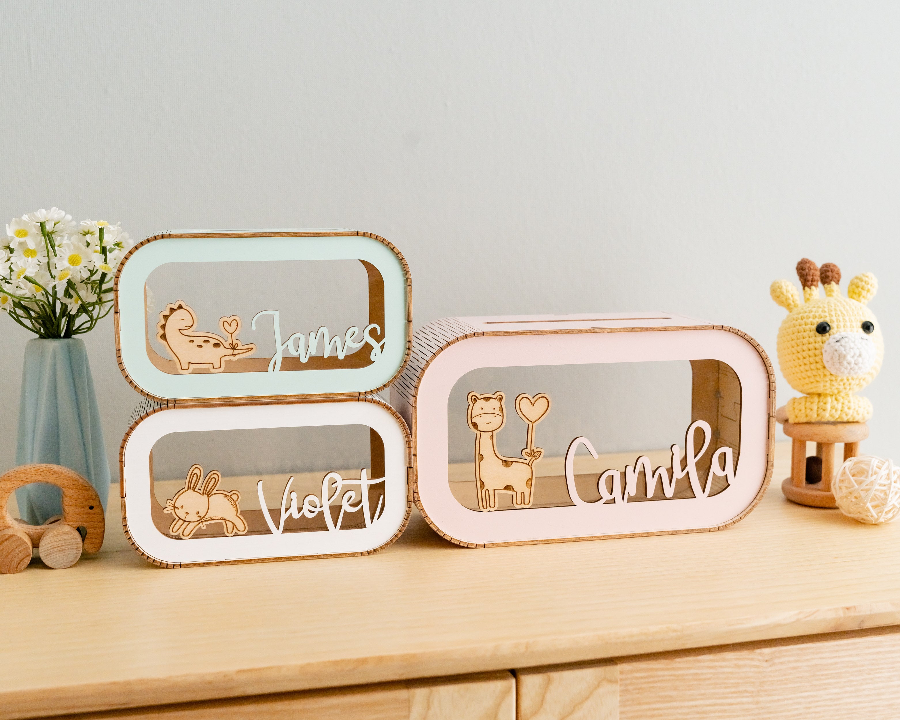 Scandinavian-Inspired Personalized Wooden Piggy Bank for Kids