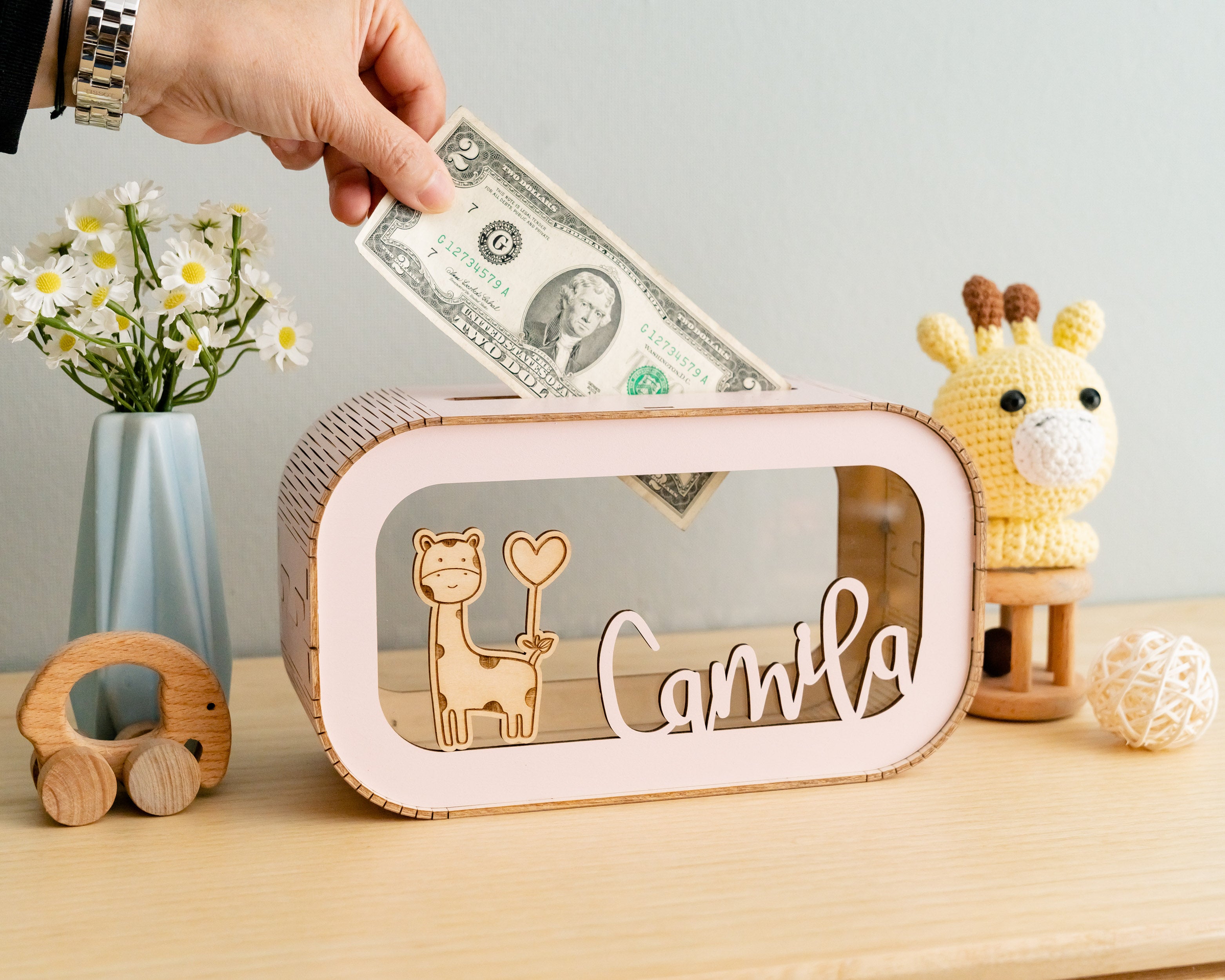 Scandinavian-Inspired Personalized Wooden Piggy Bank for Kids