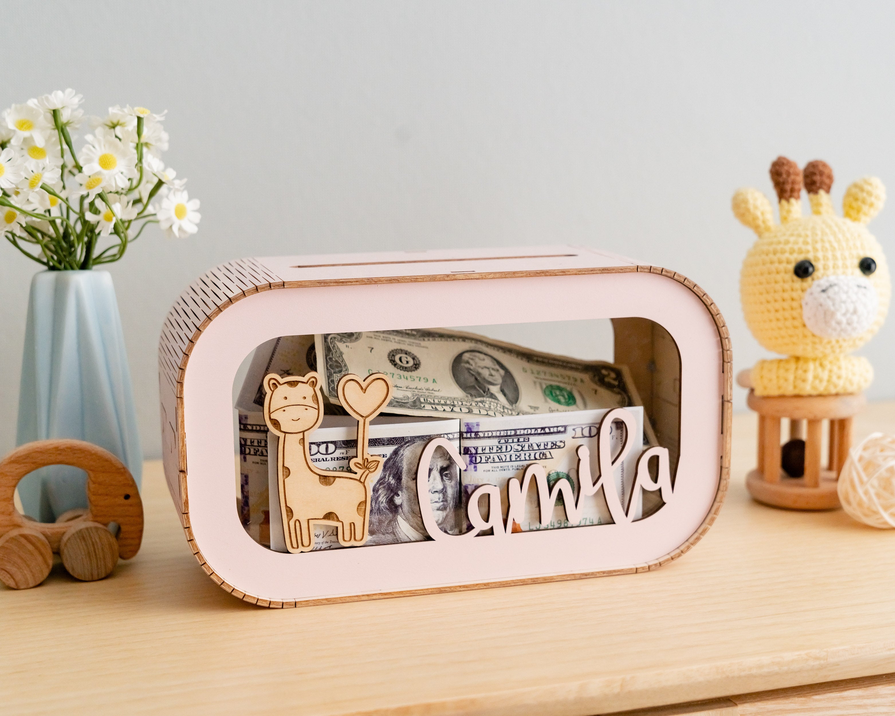 Scandinavian-Inspired Personalized Wooden Piggy Bank for Kids